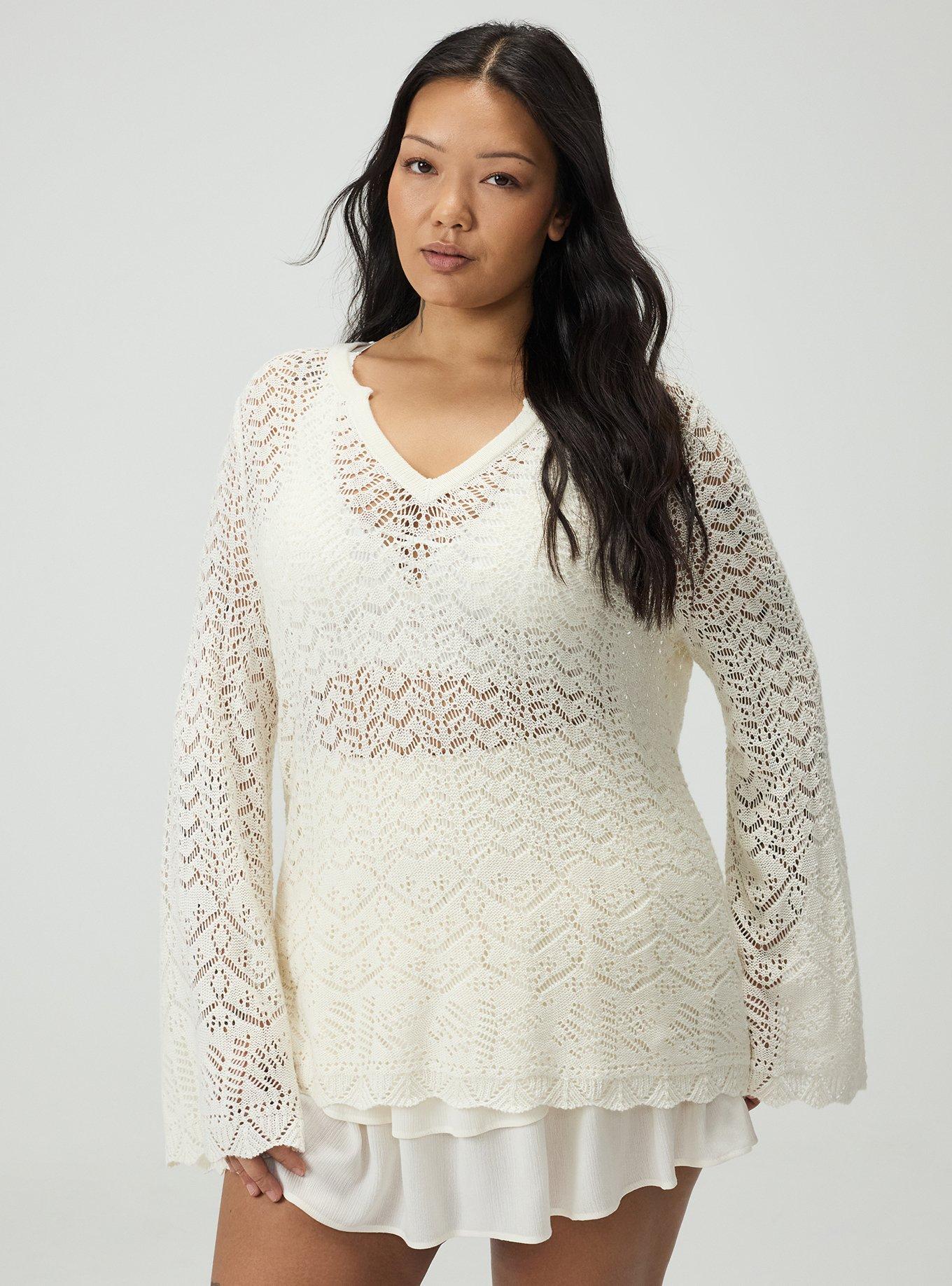 Pointelle V-Neck Pullover Sweater, WHISPER WHITE, hi-res