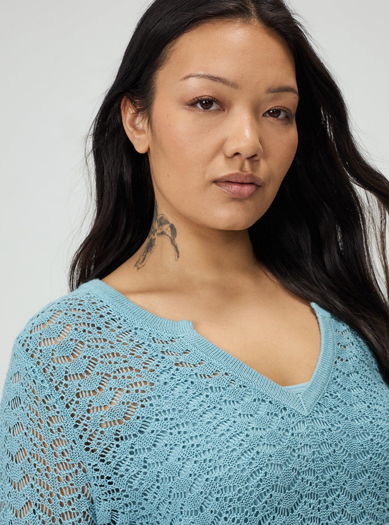 Pointelle V-Neck Pullover Sweater, STONE BLUE, alternate