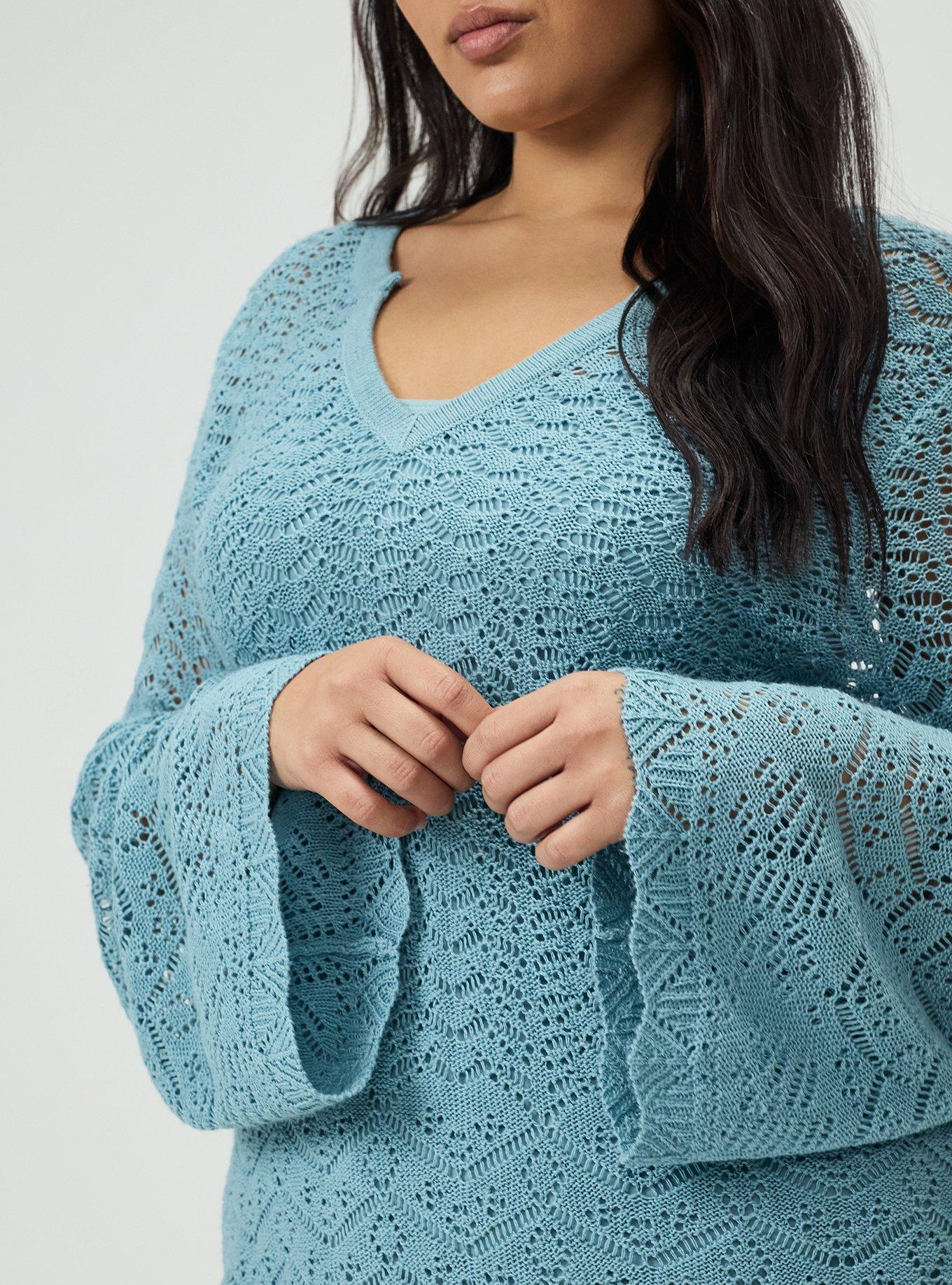 Pointelle V-Neck Pullover Sweater, STONE BLUE, alternate