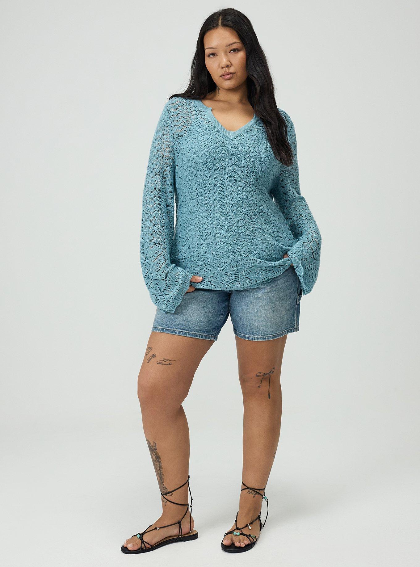 Pointelle V-Neck Pullover Sweater, STONE BLUE, alternate