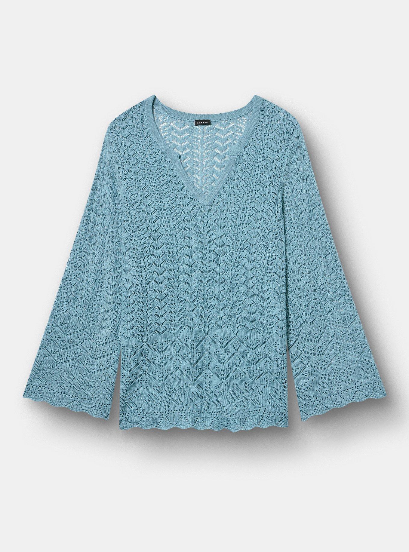 Pointelle V-Neck Pullover Sweater, STONE BLUE, hi-res