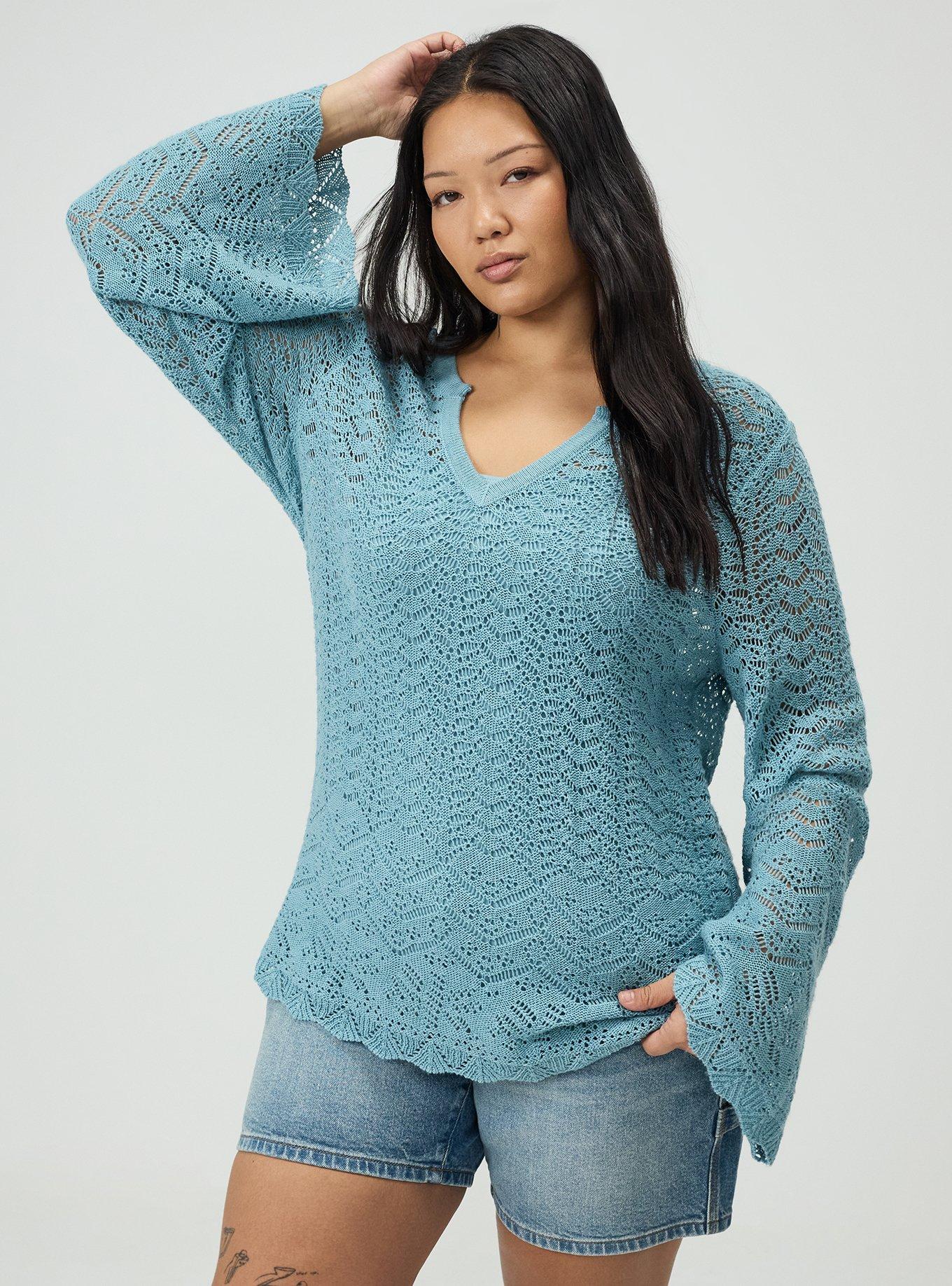 Pointelle V-Neck Pullover Sweater, STONE BLUE, hi-res