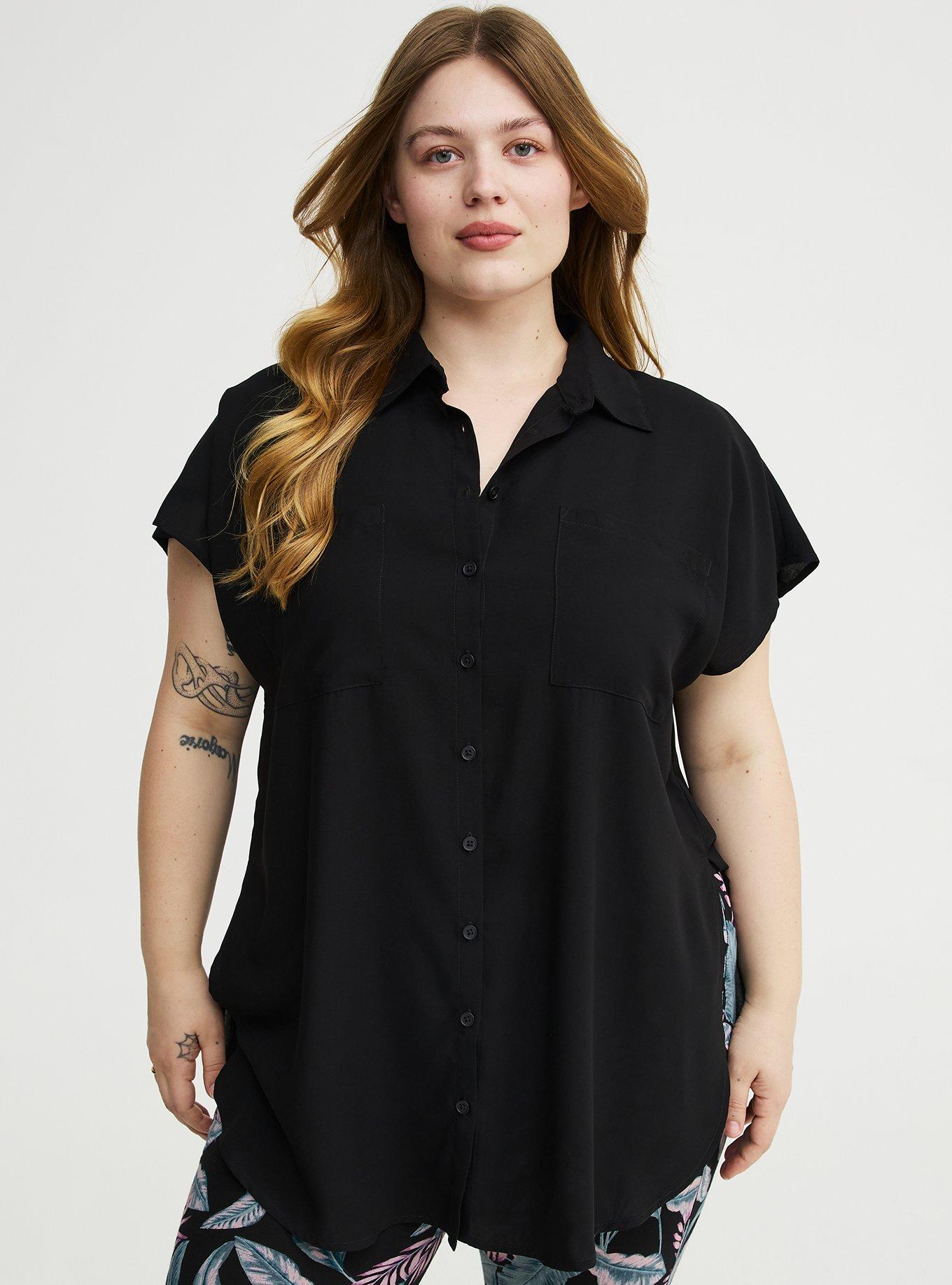 Plus Size Challis Dolman Button Up Tunic Shirt, DEEP BLACK, hi-res