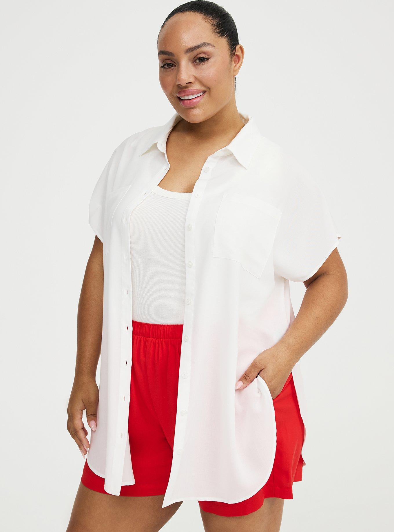 Plus Size Challis Dolman Button Up Tunic Shirt, BLANC DE BLANC, hi-res
