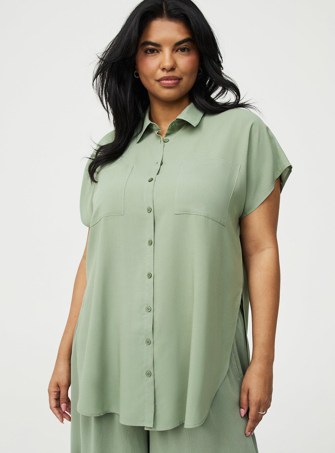 Challis Dolman Button Up Tunic Shirt, HEDGE GREEN, alternate