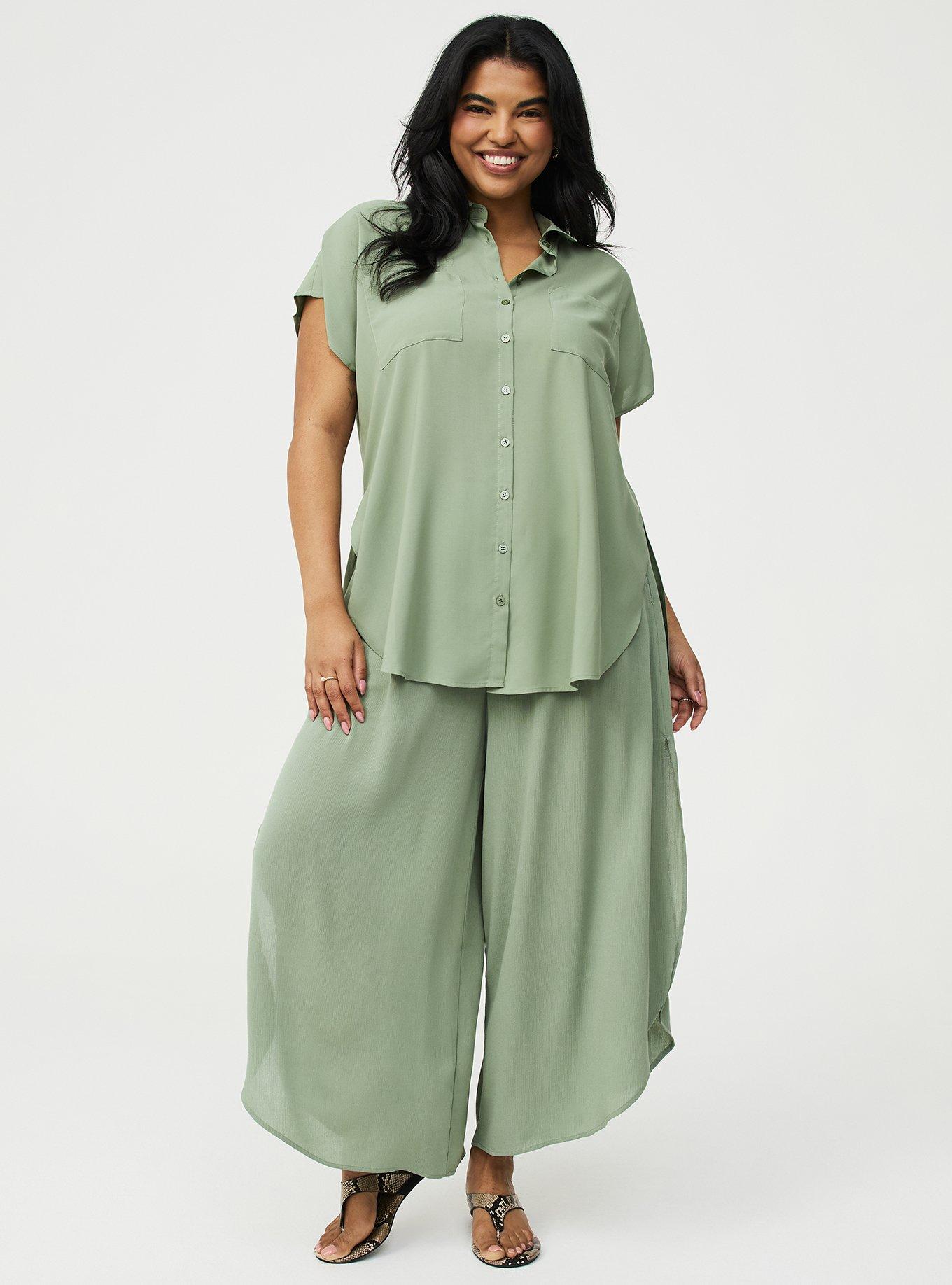 Challis Dolman Button Up Tunic Shirt, HEDGE GREEN, hi-res