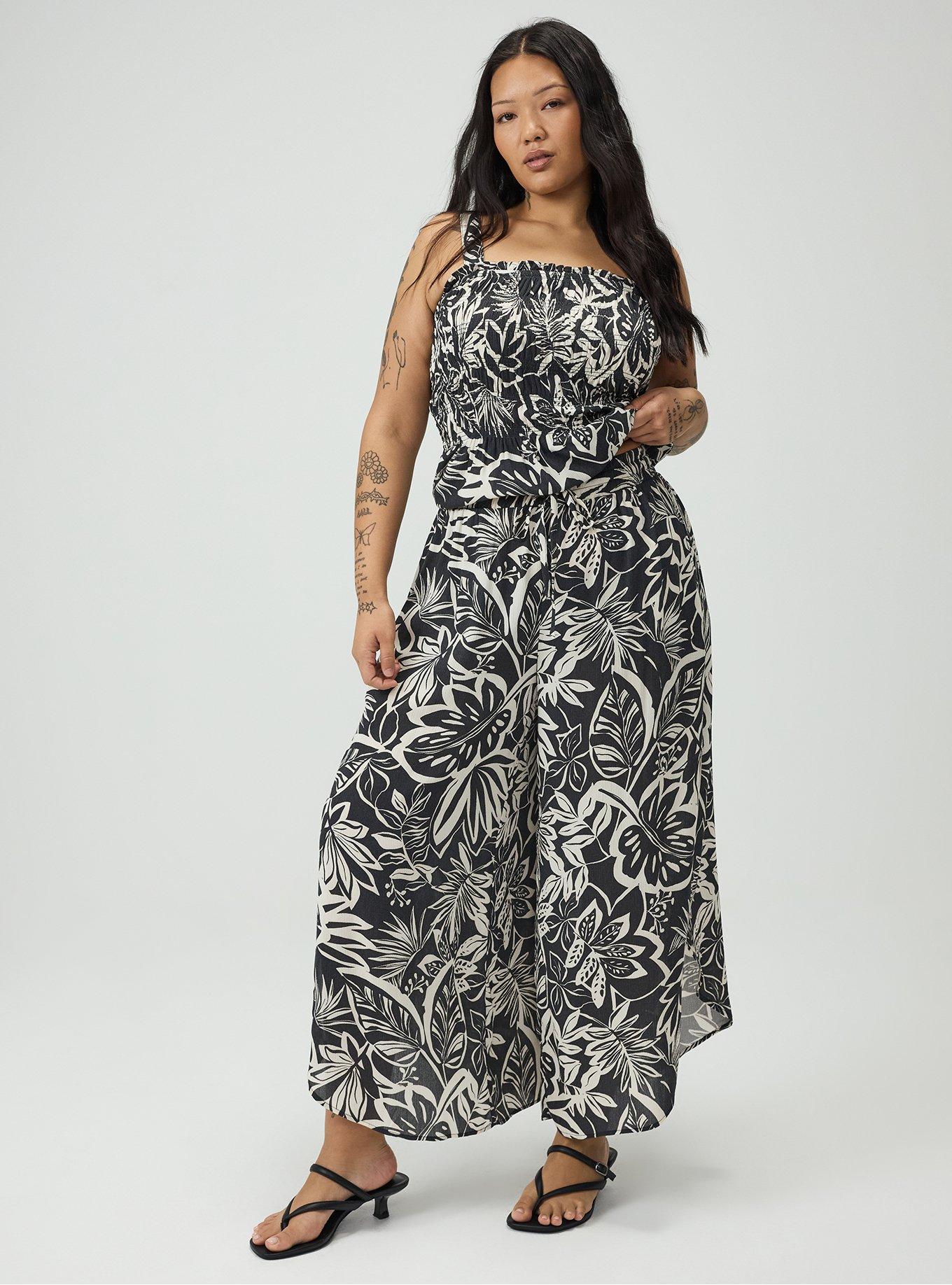Split Seam Wide-Leg Gauze Pant, PARADISE FOLIAGE BLACK, hi-res