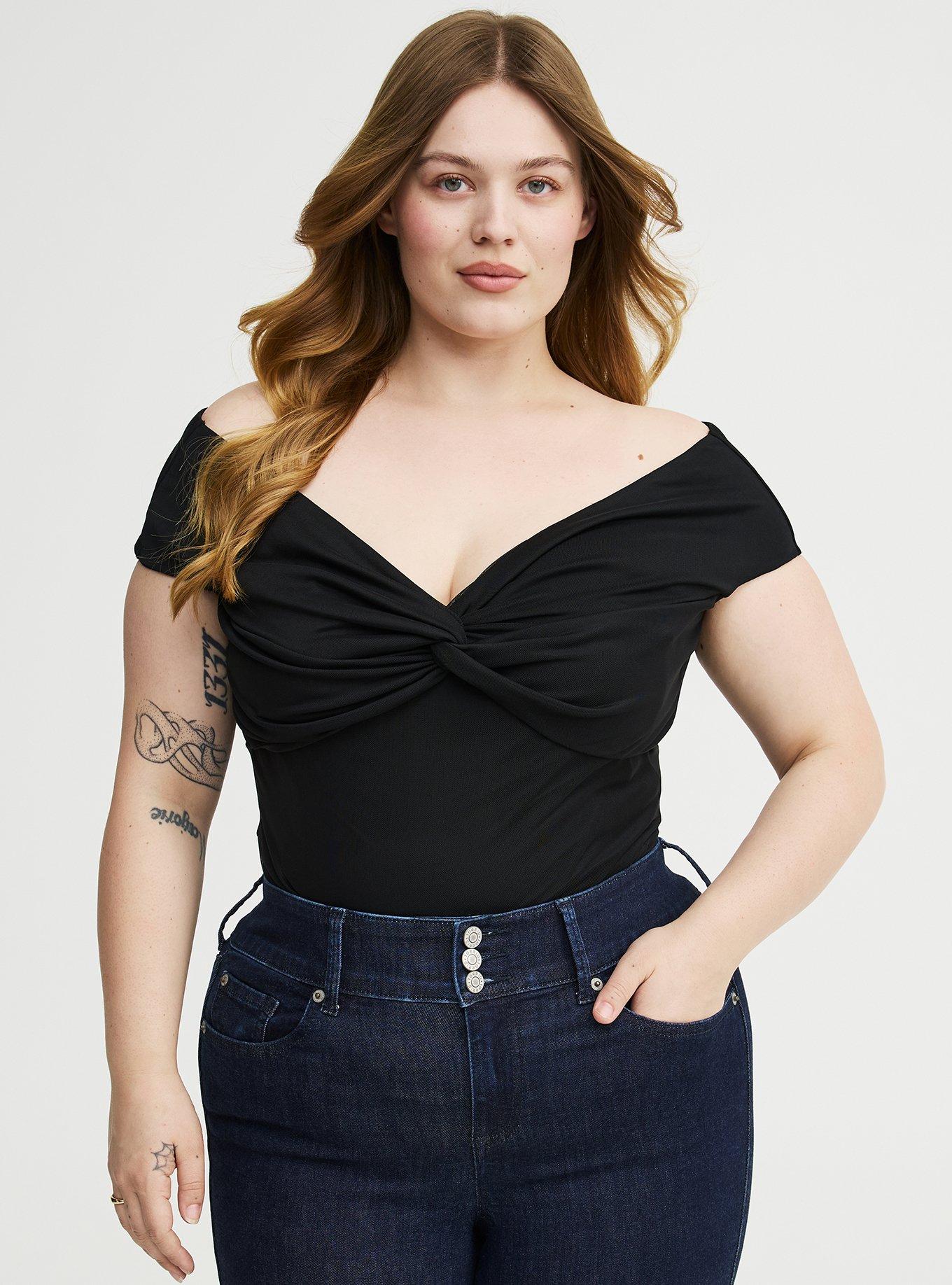 Mesh Twist Off-Shoulder Top, DEEP BLACK, alternate