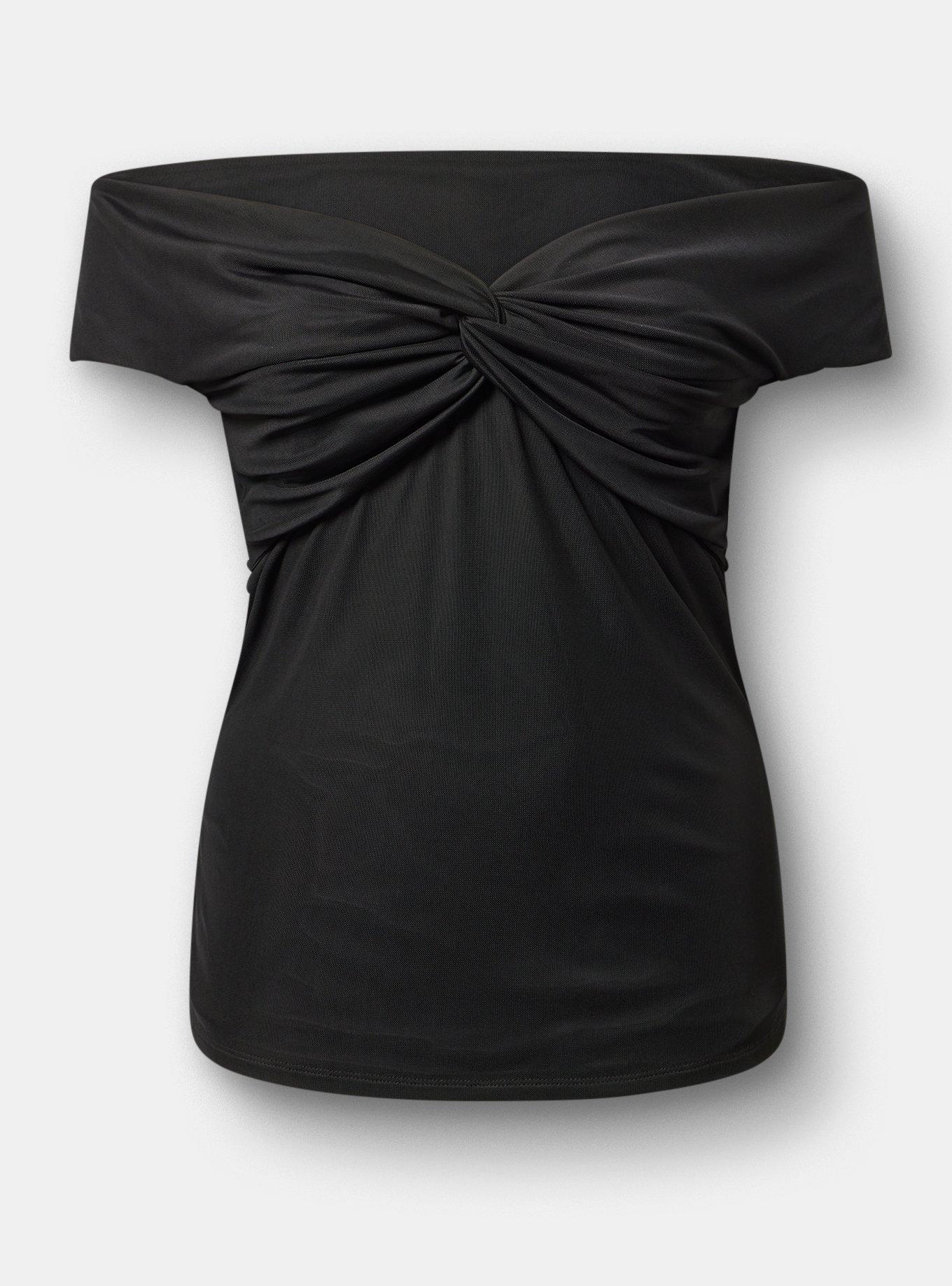 Mesh Twist Off-Shoulder Top, DEEP BLACK, hi-res