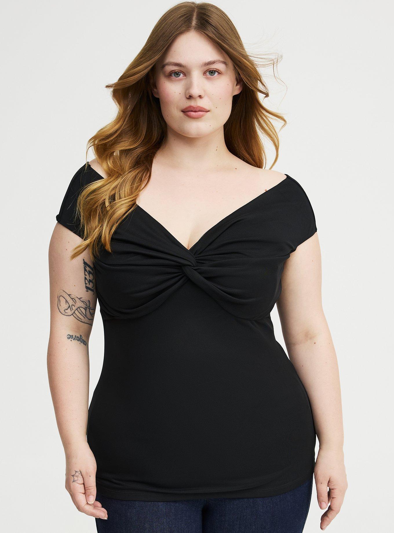 Mesh Twist Off-Shoulder Top, DEEP BLACK, hi-res