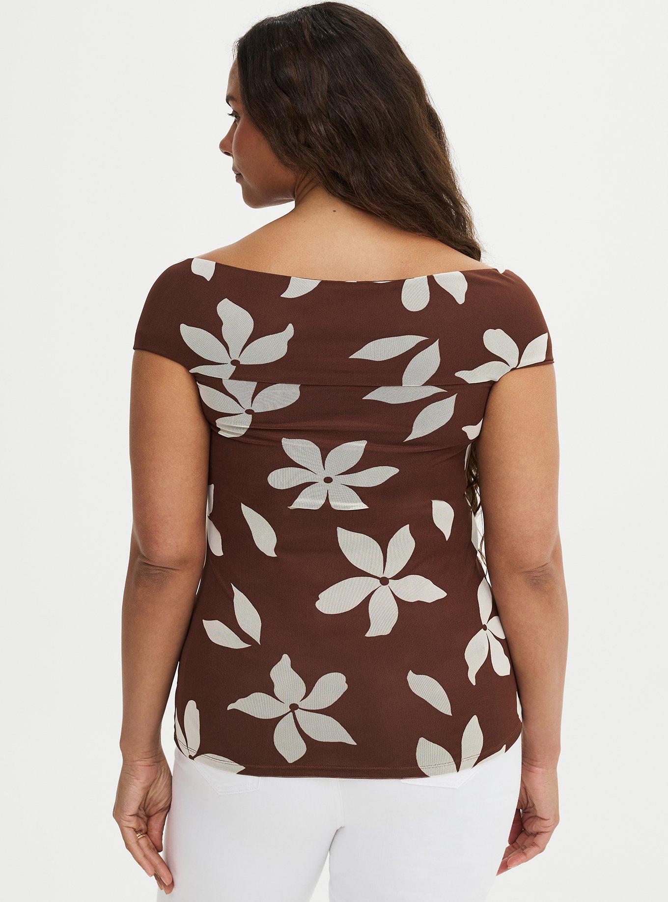 Mesh Twist Off-Shoulder Top, GABRIELLA FLORAL BROWN, alternate