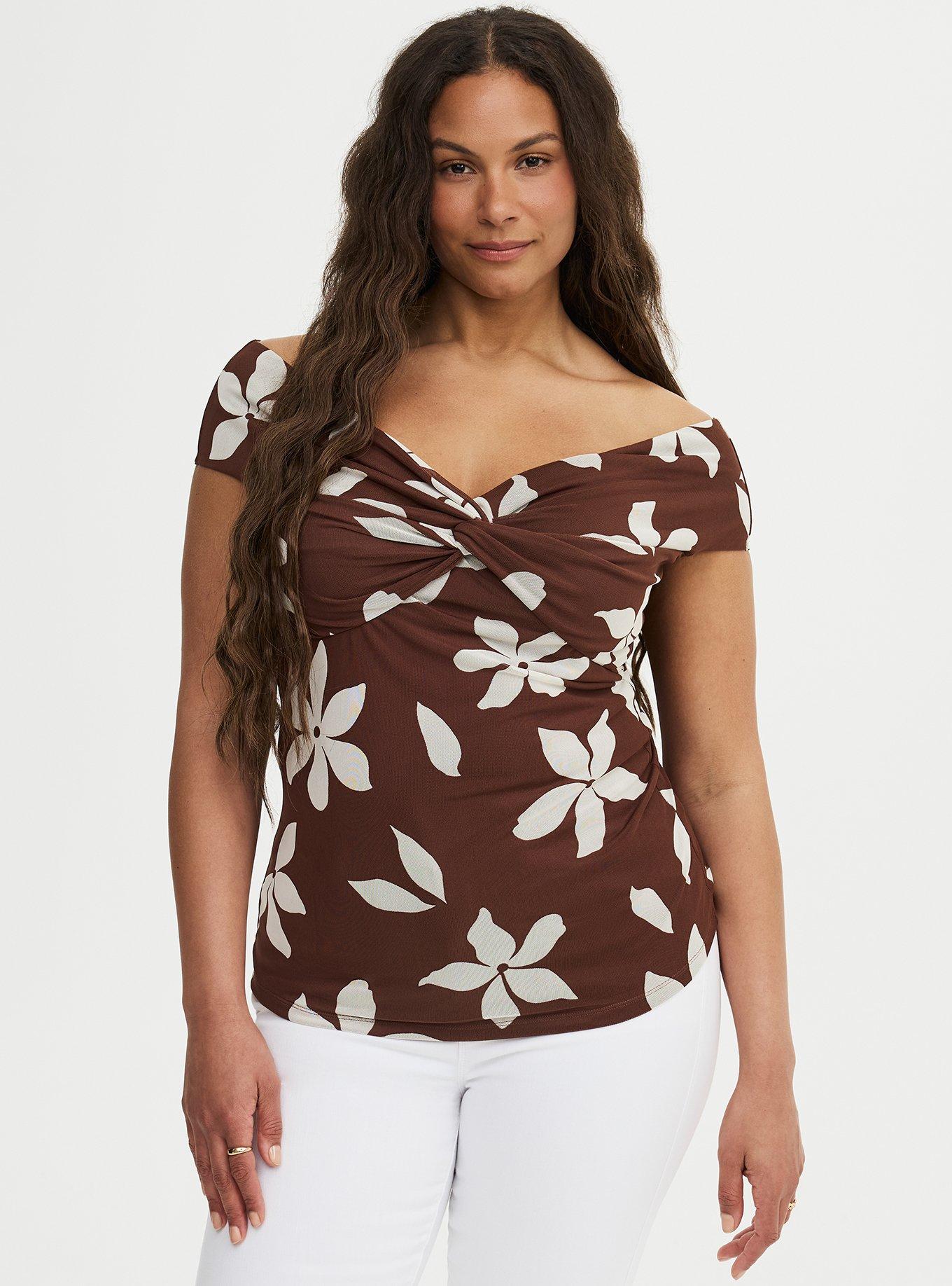 Mesh Twist Off-Shoulder Top, GABRIELLA FLORAL BROWN, hi-res