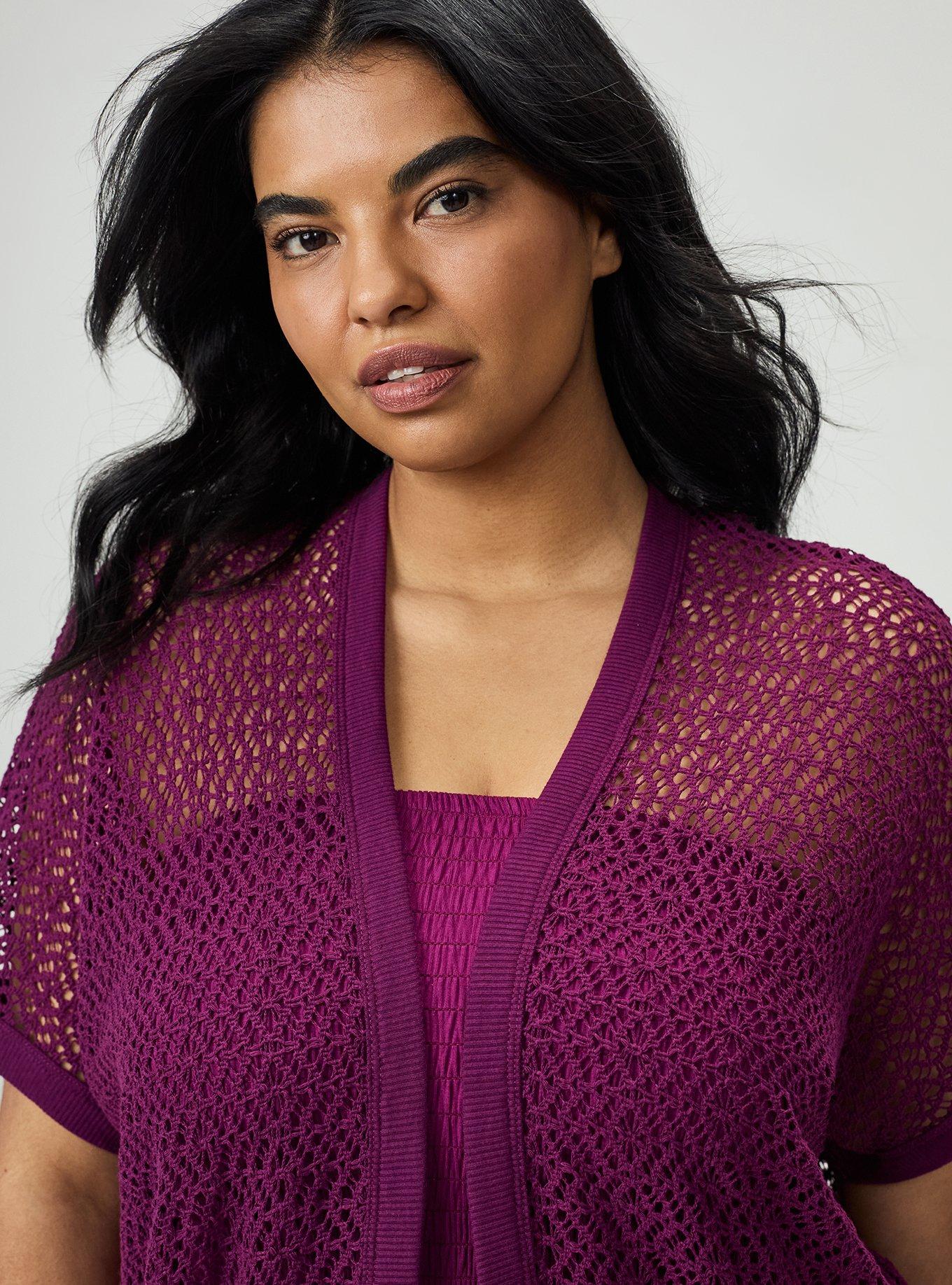 Crochet Open Front Cocoon, PLUM CASPIA, alternate