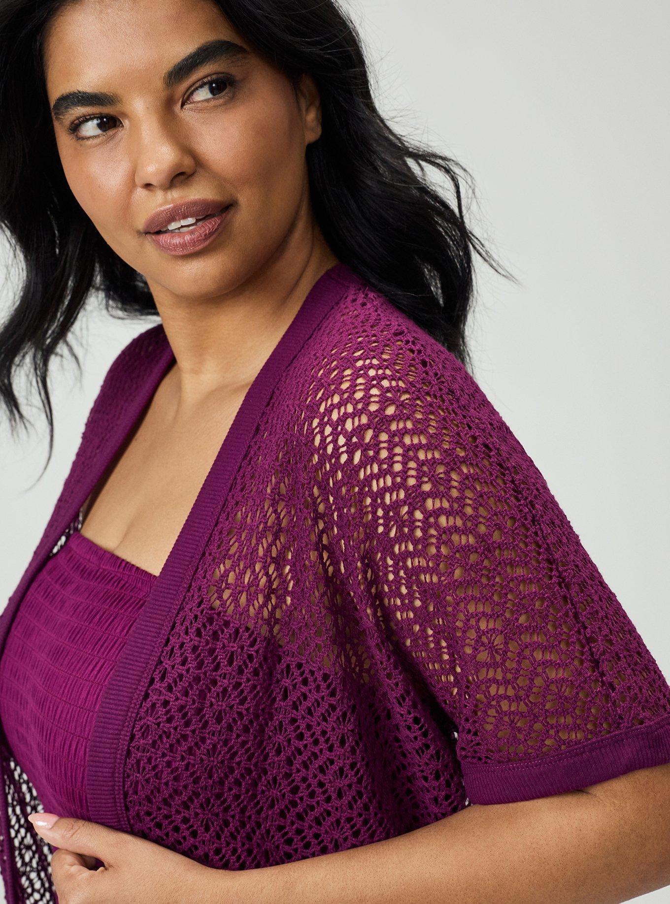 Crochet Open Front Cocoon, PLUM CASPIA, alternate