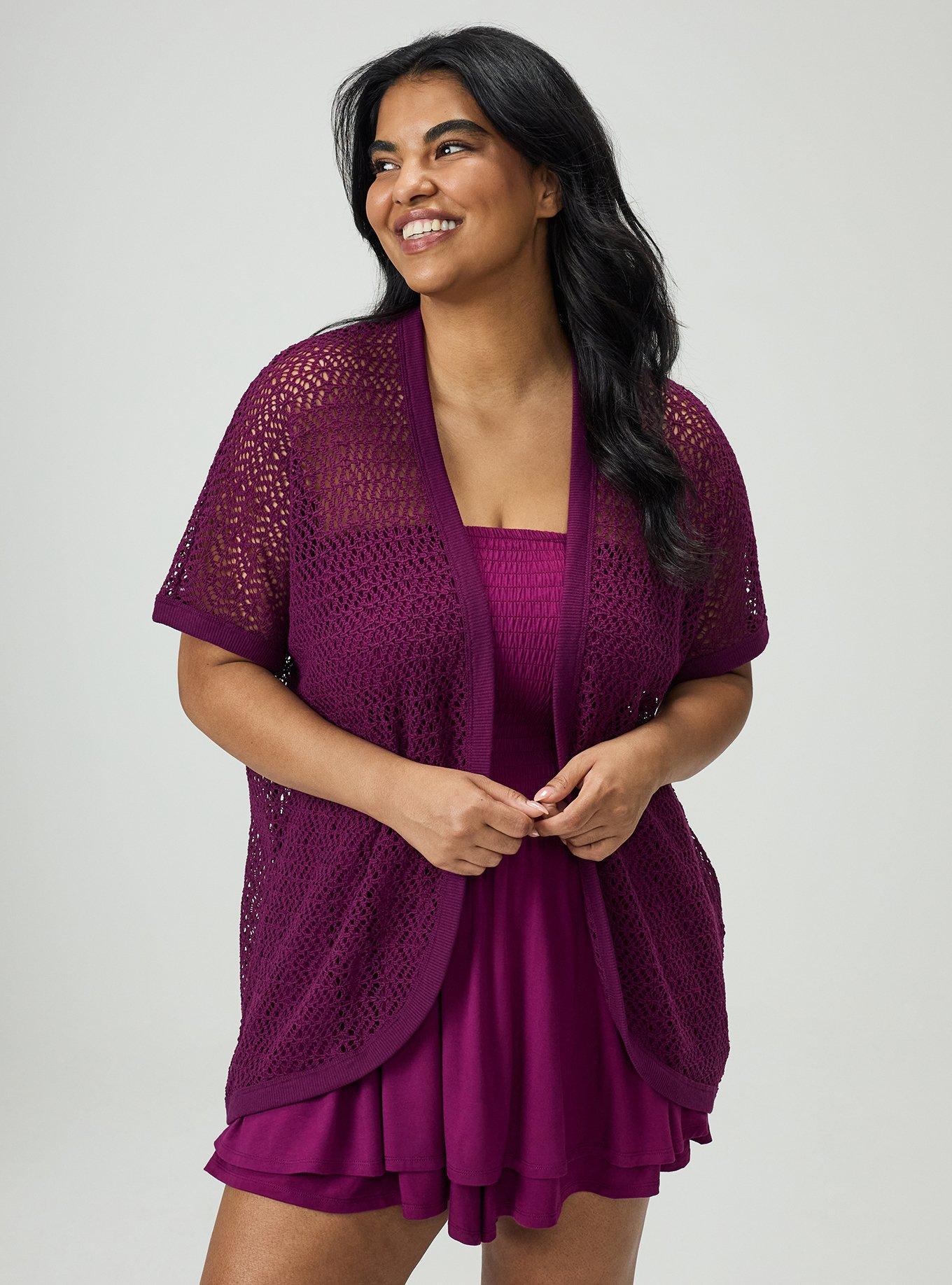 Crochet Open Front Cocoon, PLUM CASPIA, hi-res