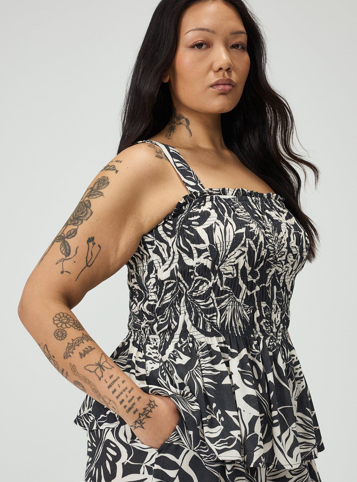 Peplum Gauze Smocked Top, PARADISE FOLIAGE BLACK, alternate