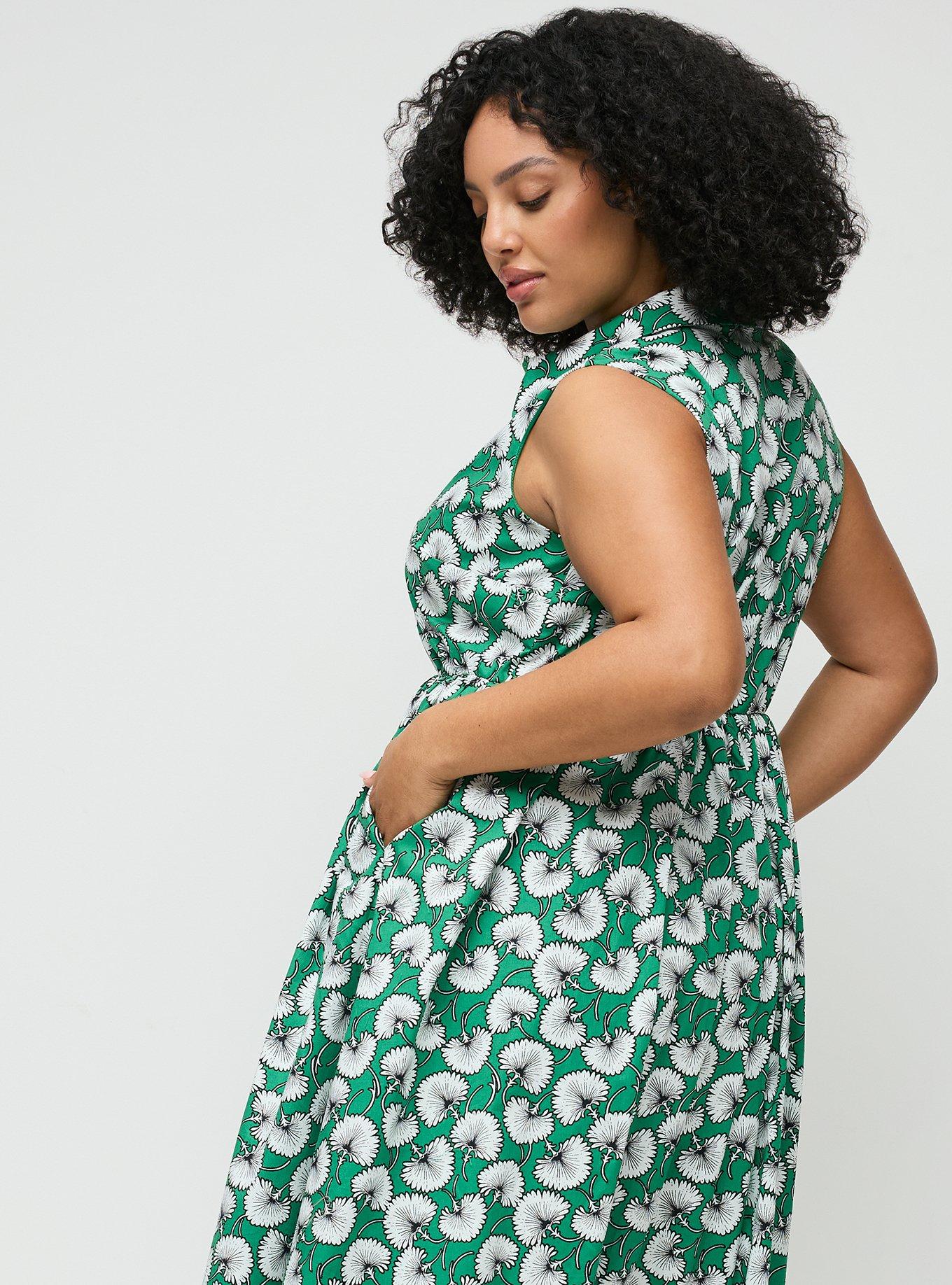 Collared Shirt Midi Dress, WINDING GINKGO LEAVES GREEN, alternate