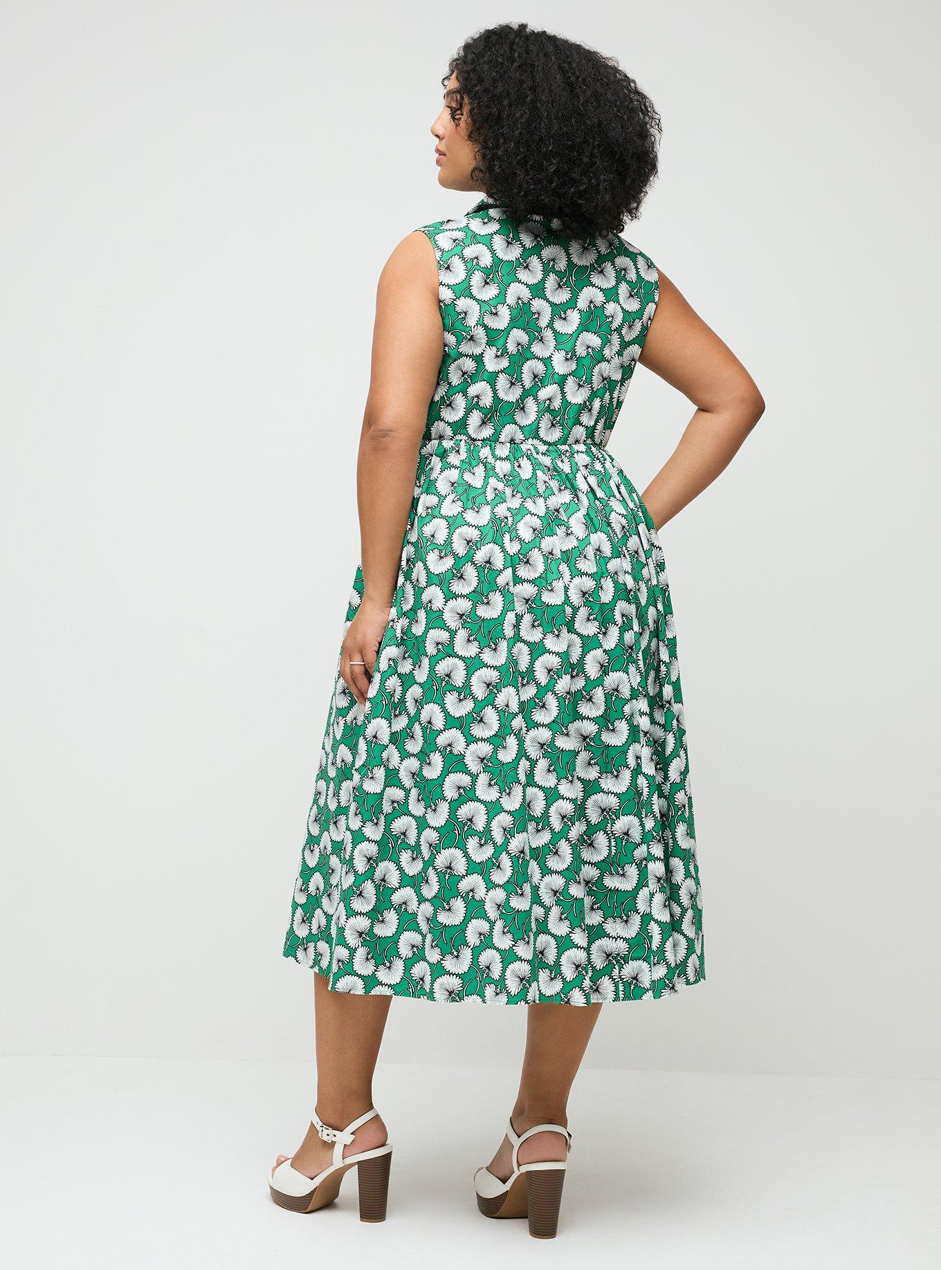 Collared Shirt Midi Dress, WINDING GINKGO LEAVES GREEN, alternate