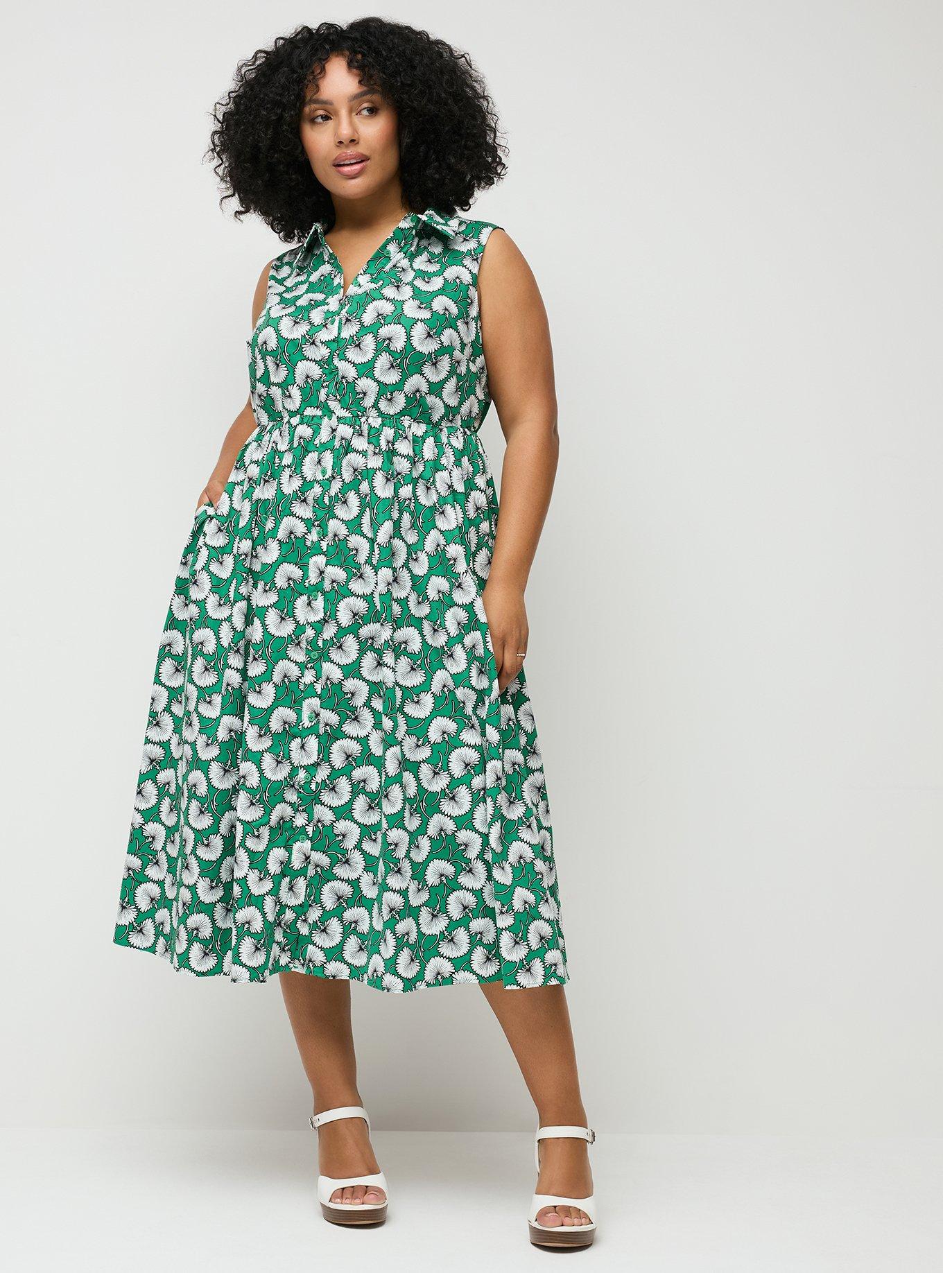 Collared Shirt Midi Dress, WINDING GINKGO LEAVES GREEN, hi-res