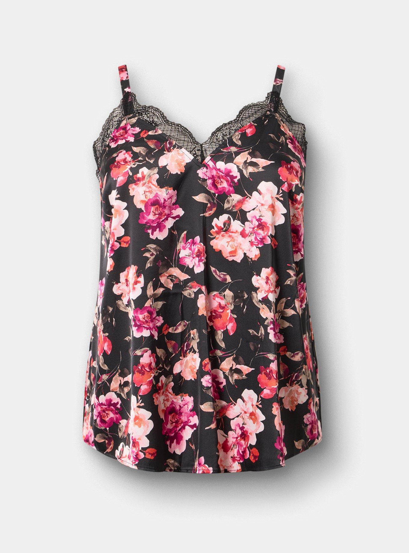 Satin Lace Trim Cami, AURA FLORAL BLACK, hi-res