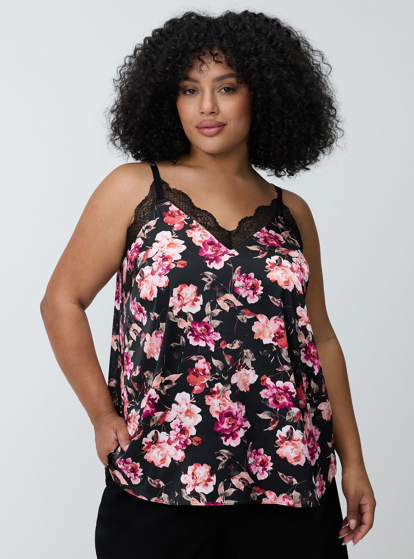 Satin Lace Trim Cami, AURA FLORAL BLACK, hi-res