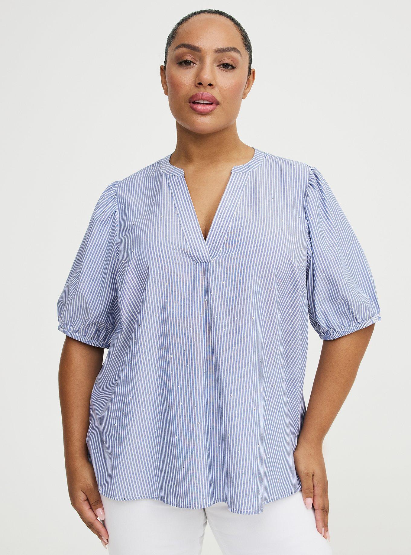 Cotton Rhinestone Blouse, BLAIR STRIPE DEEP ULTRAMARINE WHITE, hi-res