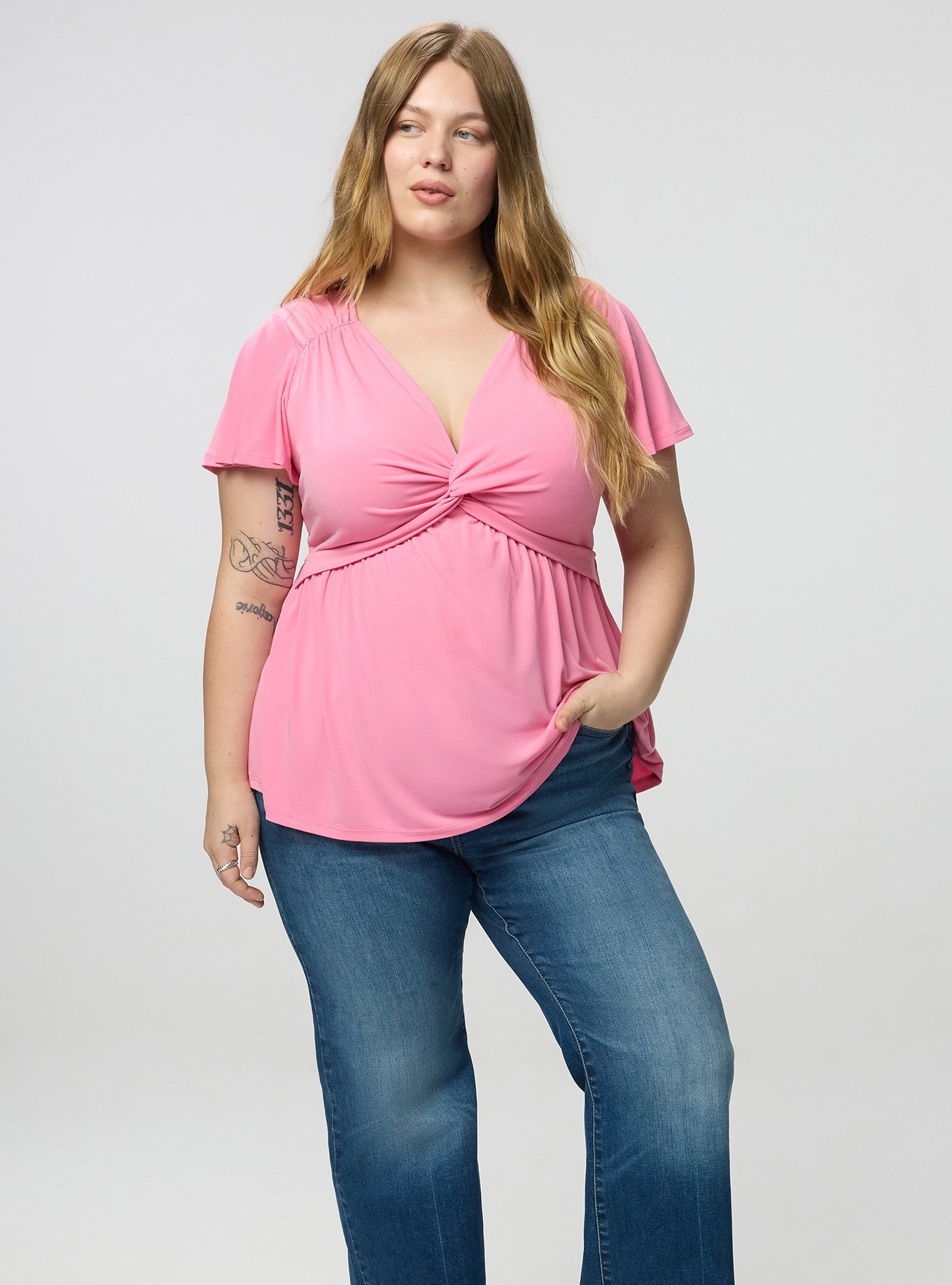 Flutter Sleeve Twist Front Babydoll, AURORA PINK, alternate