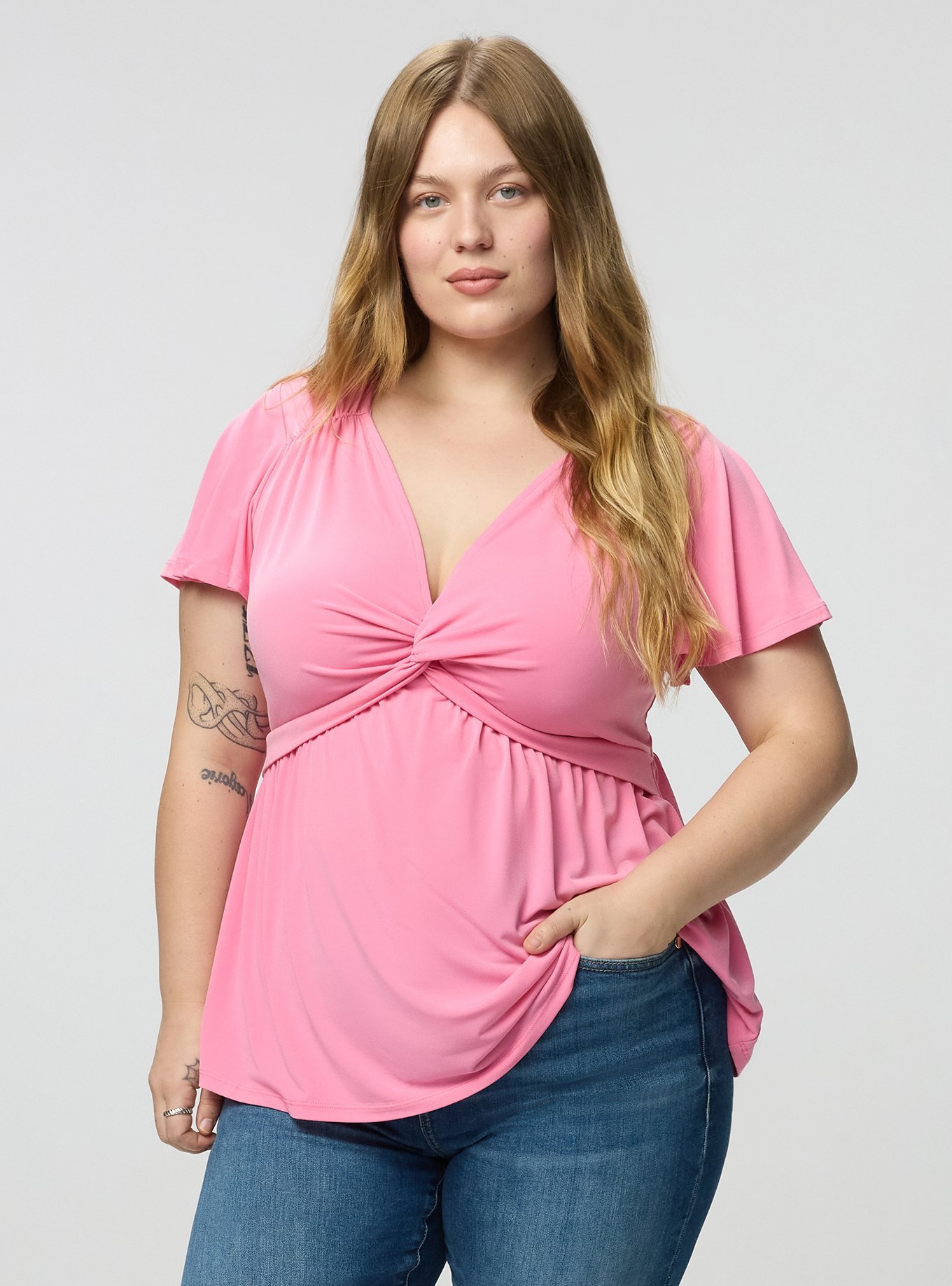 Flutter Sleeve Twist Front Babydoll, AURORA PINK, hi-res