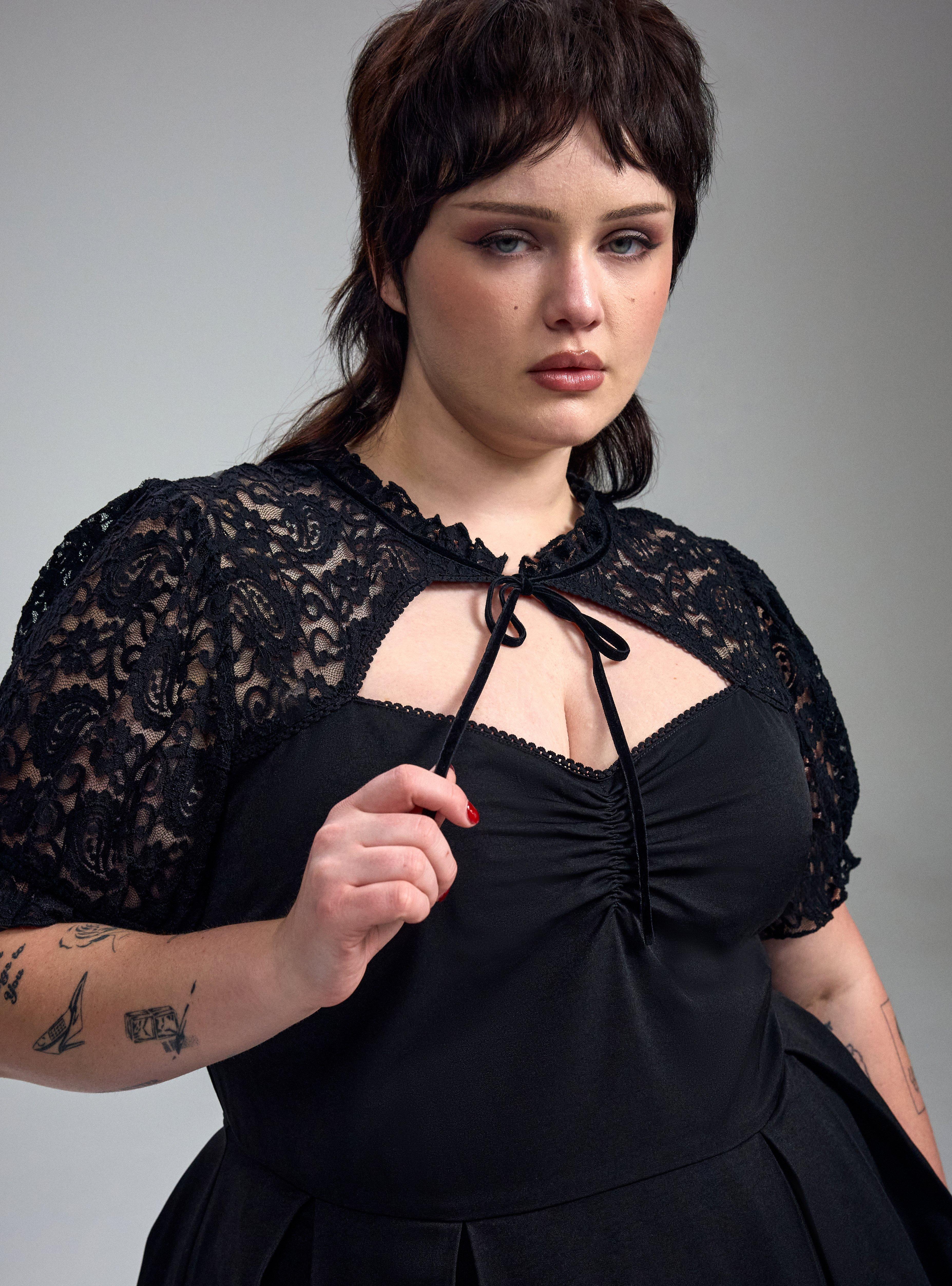 Nightfall Tie-Front Lace Detail Mini Dress, DEEP BLACK, alternate