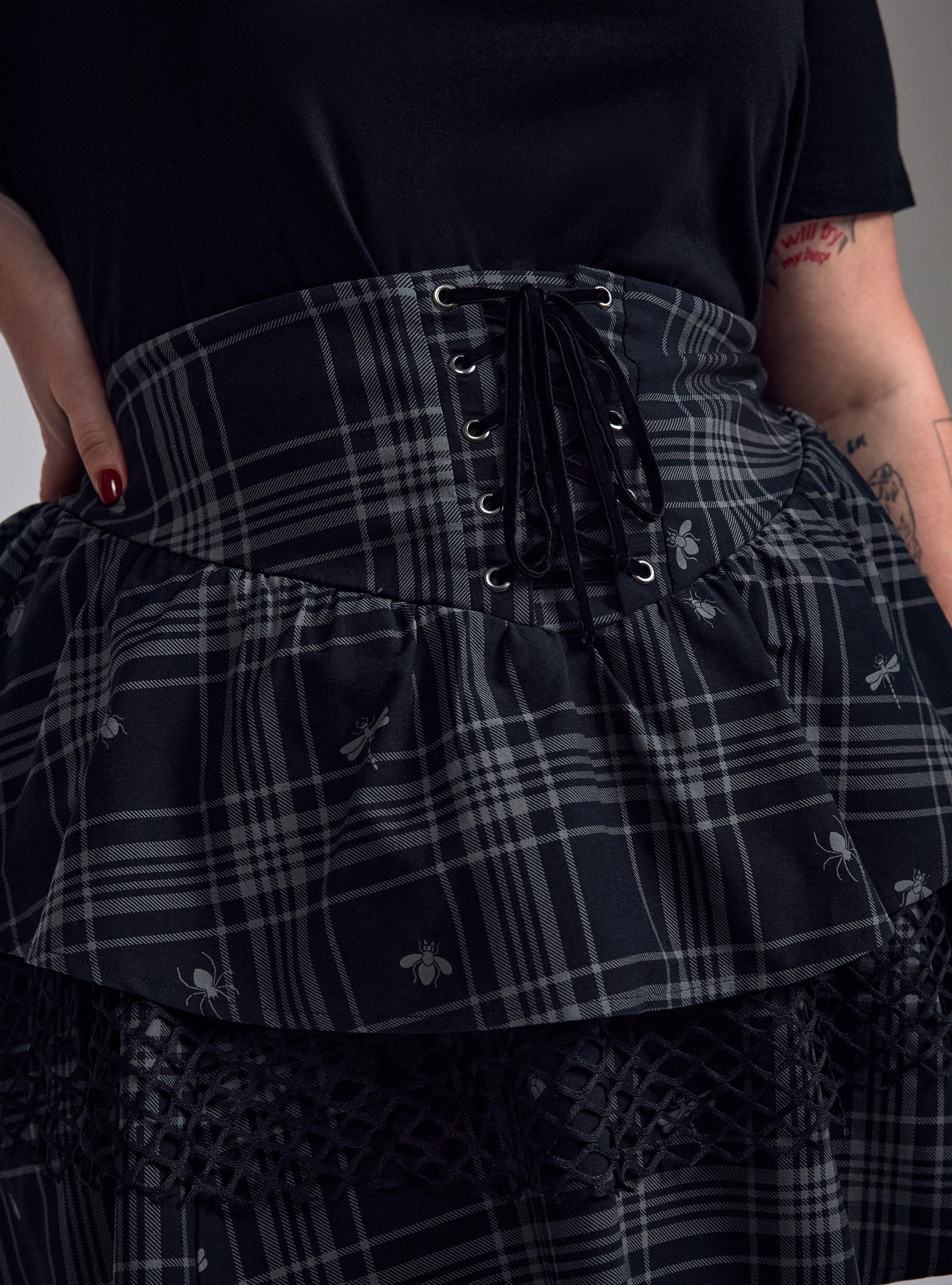 Nightfall Lace-Up Mini Skirt, INSECT PLAID DEEP BLACK, alternate