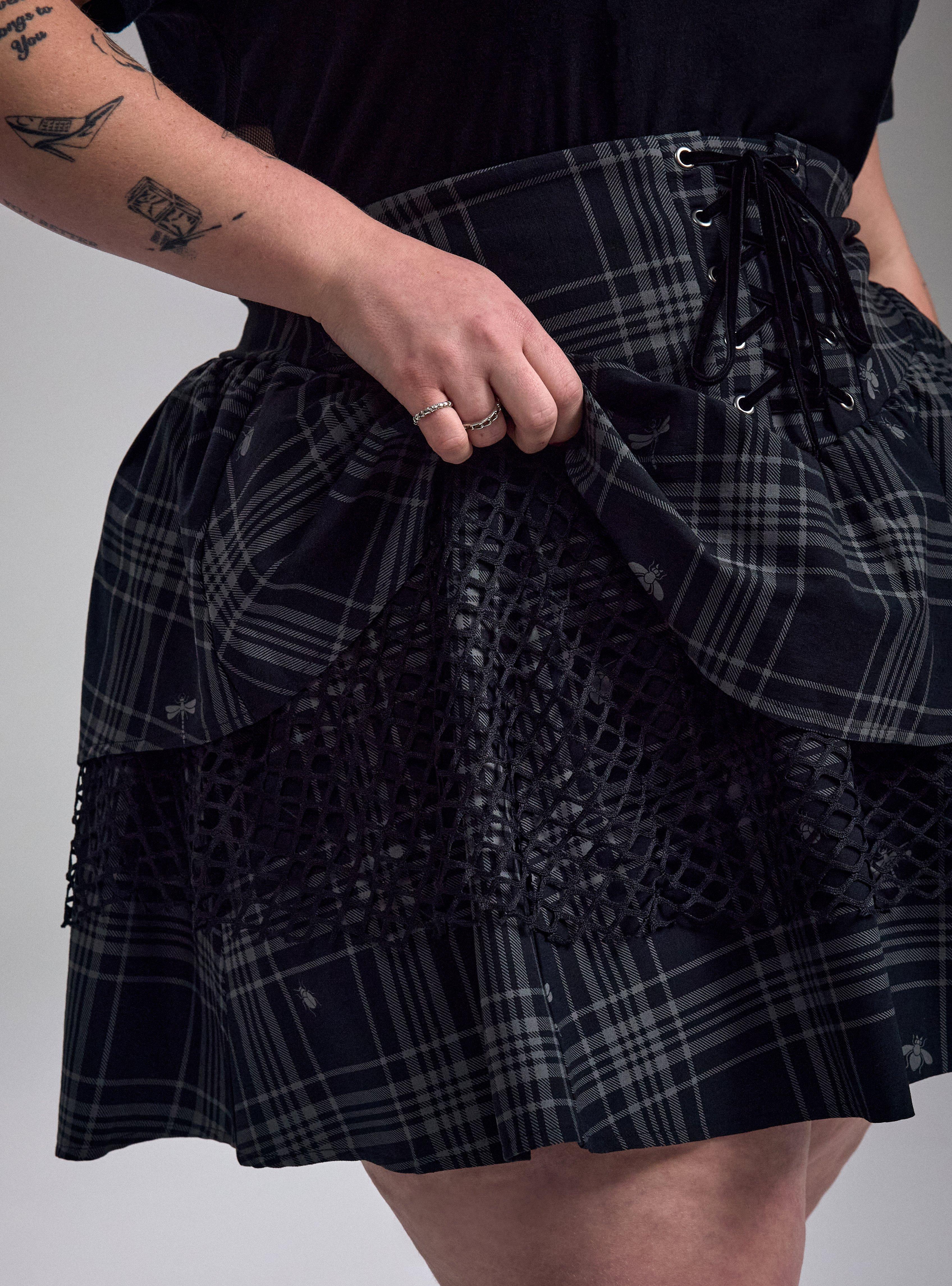 Nightfall Lace-Up Mini Skirt, INSECT PLAID DEEP BLACK, alternate