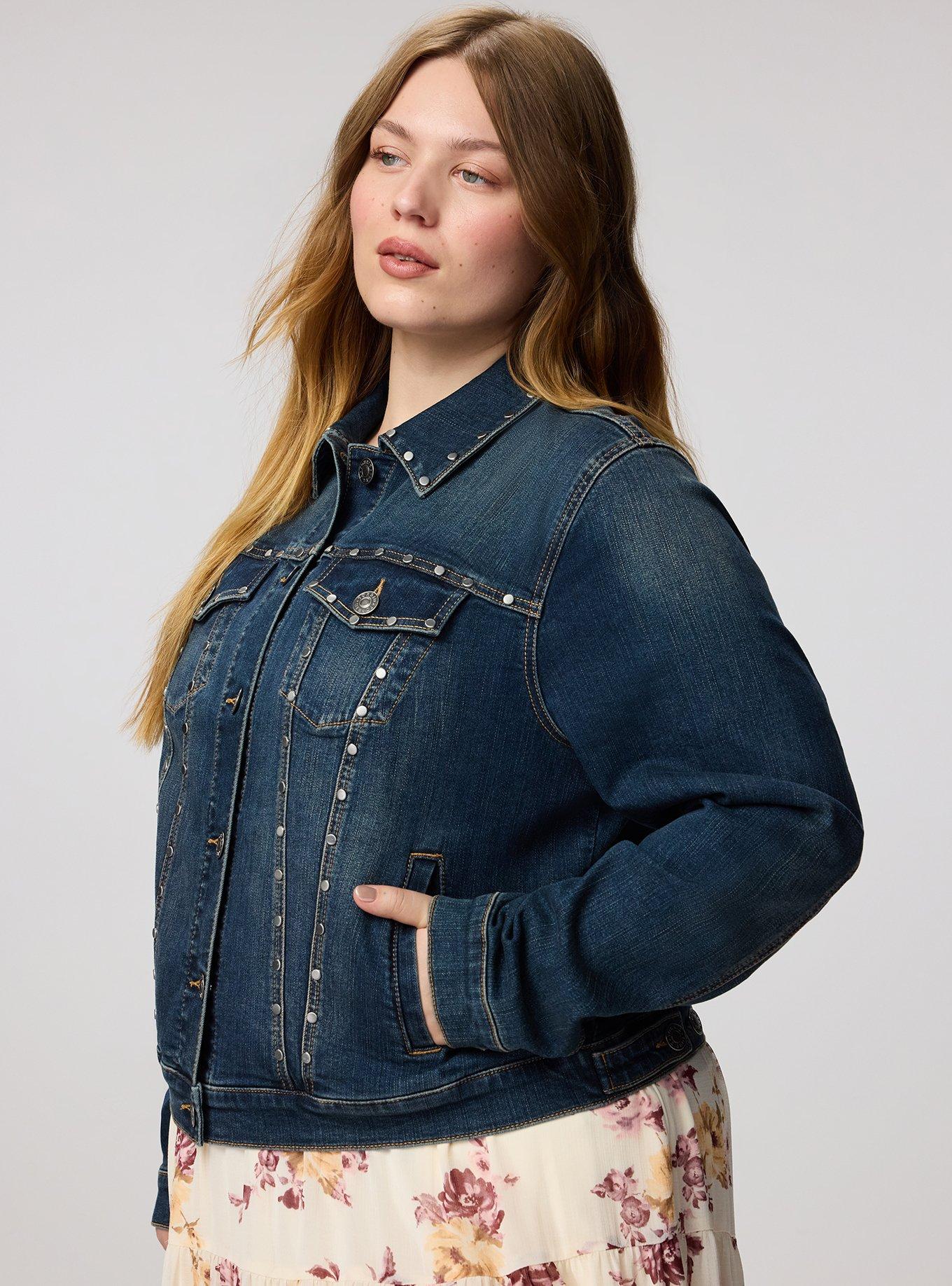 Plus Size Studded Denim Trucker, DARK WASH, alternate