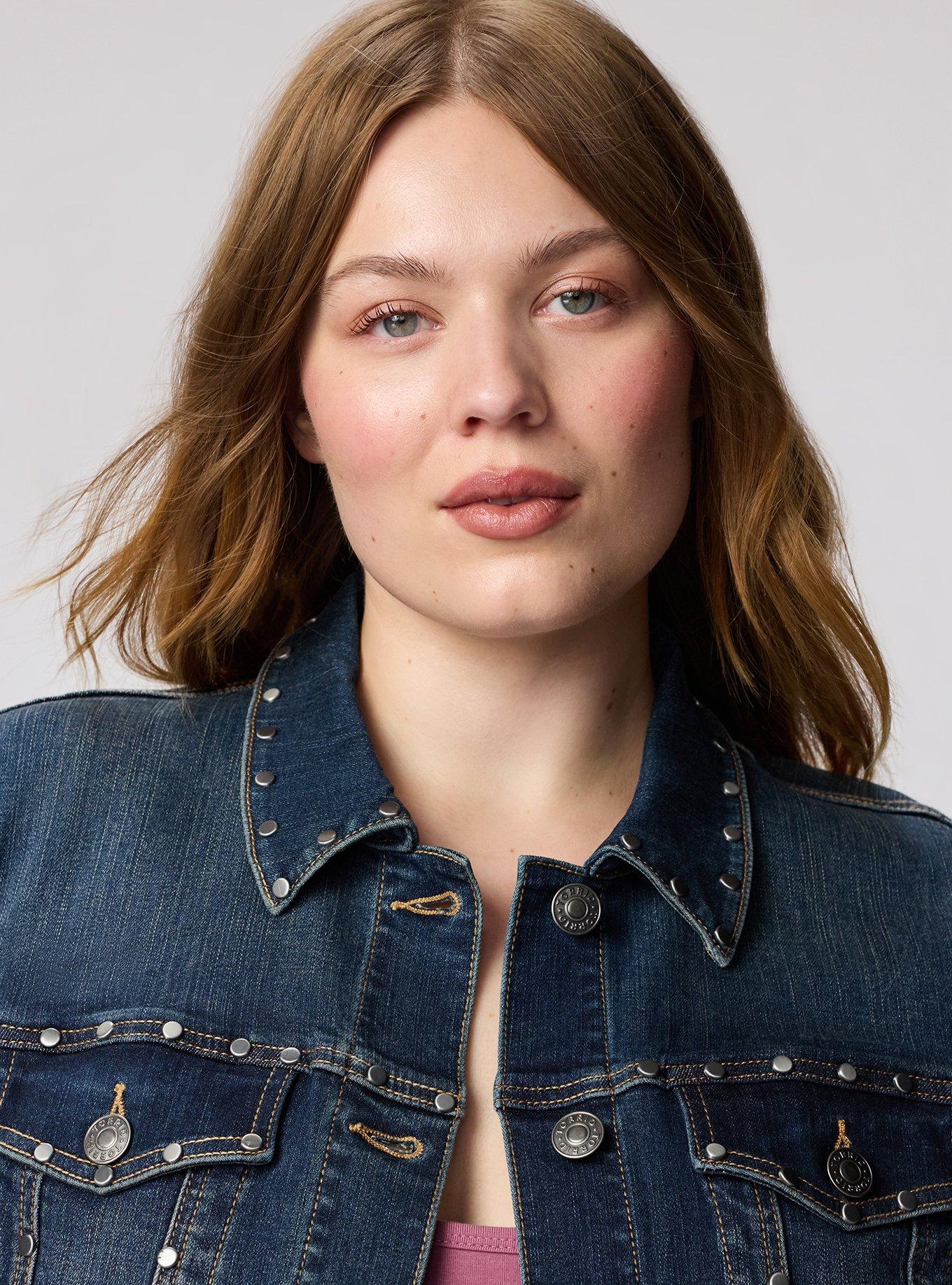 Plus Size Studded Denim Trucker, DARK WASH, alternate