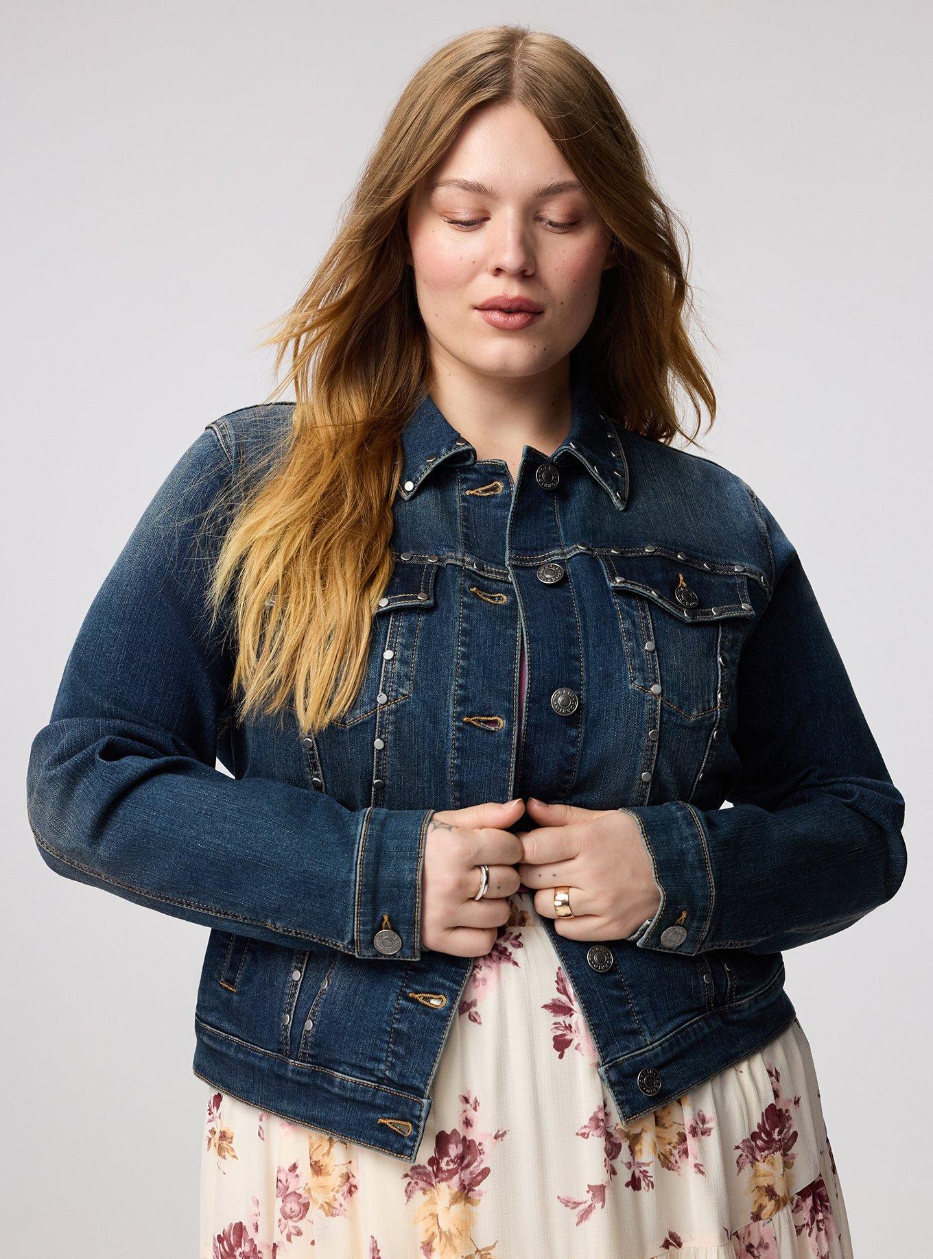 Plus Size Studded Denim Trucker, DARK WASH, hi-res