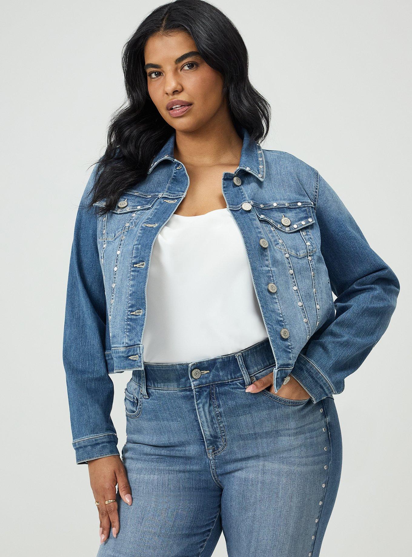 Plus Size Studded Denim Trucker, CORDOBA, hi-res