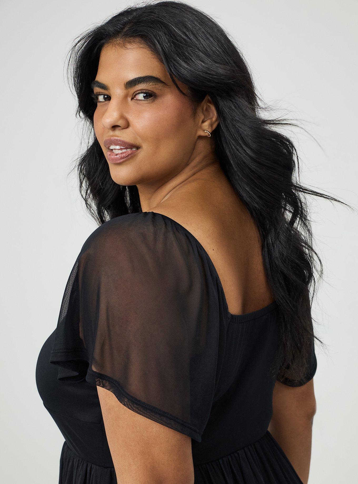 Flutter Sleeve Mesh Mini Dress, DEEP BLACK, alternate