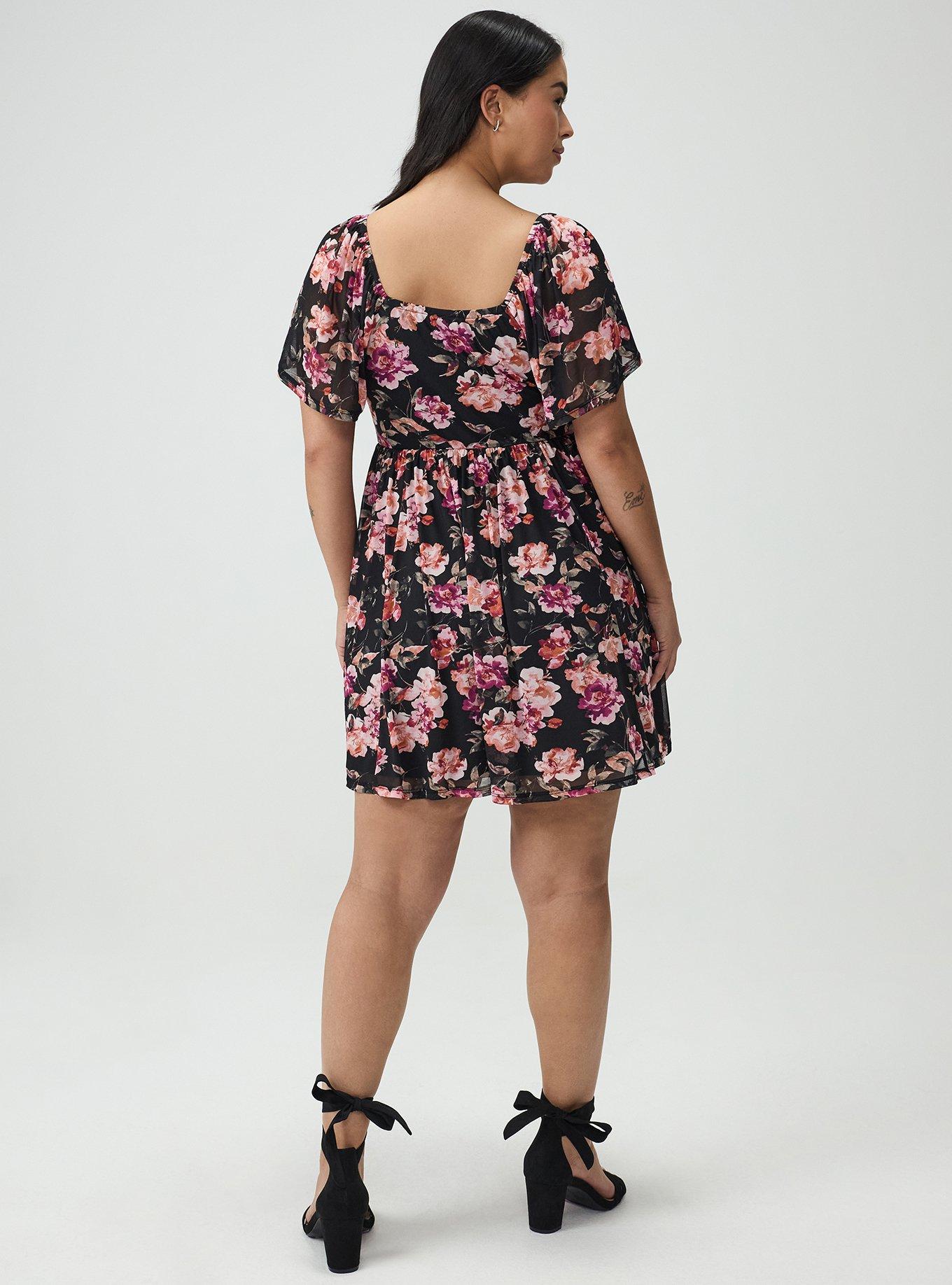 Flutter Sleeve Mesh Mini Dress, AURA FLORAL BLACK, alternate