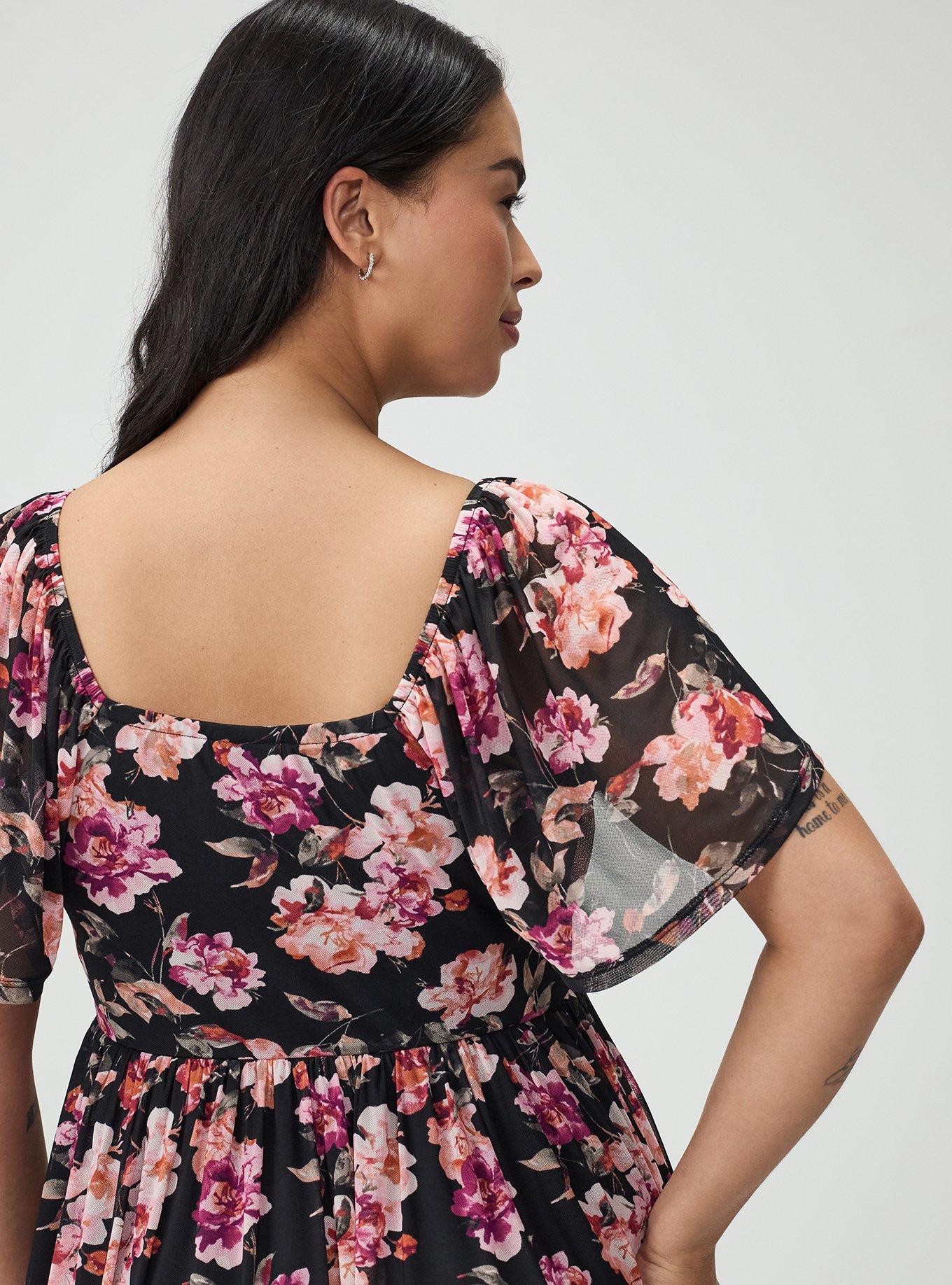 Flutter Sleeve Mesh Mini Dress, AURA FLORAL BLACK, alternate