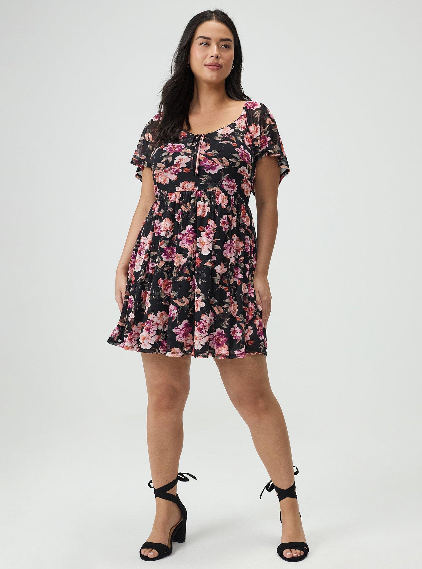 Flutter Sleeve Mesh Mini Dress, AURA FLORAL BLACK, hi-res
