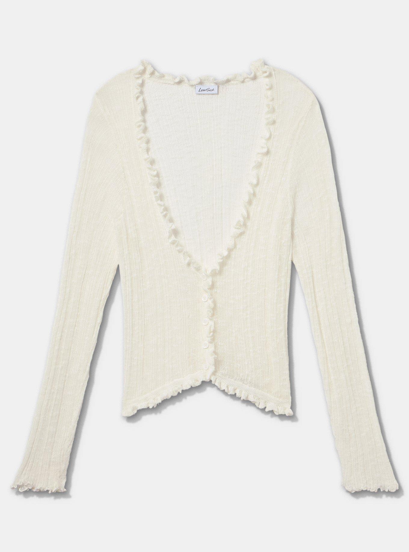 LoveSick Sheer Lettuce Edge Cardigan, CLOUD DANCER, flat