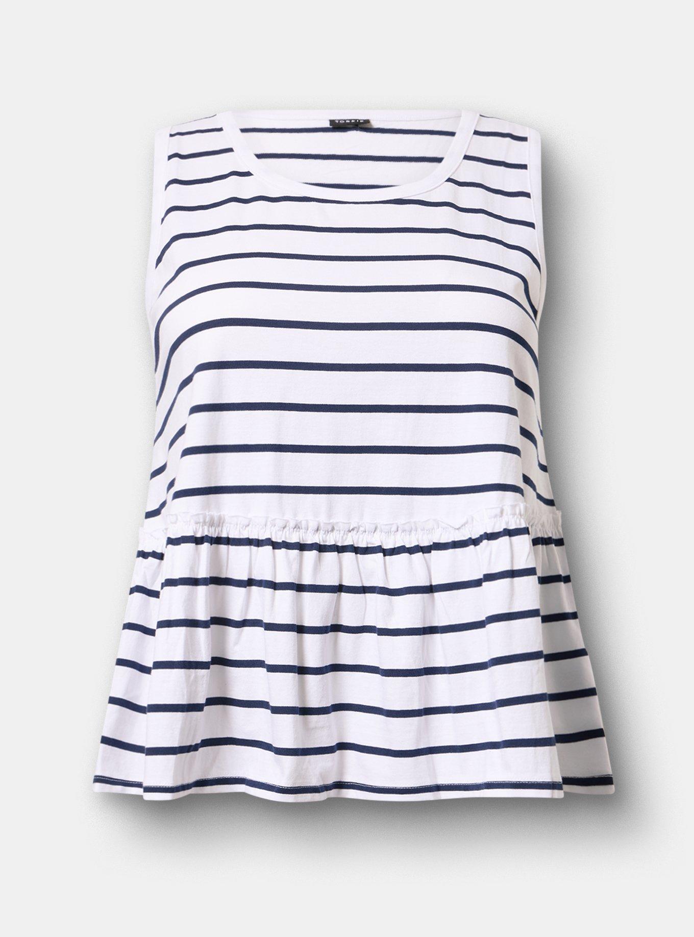 Cotton Crew Babydoll Top, PEACOAT STRIPE, hi-res