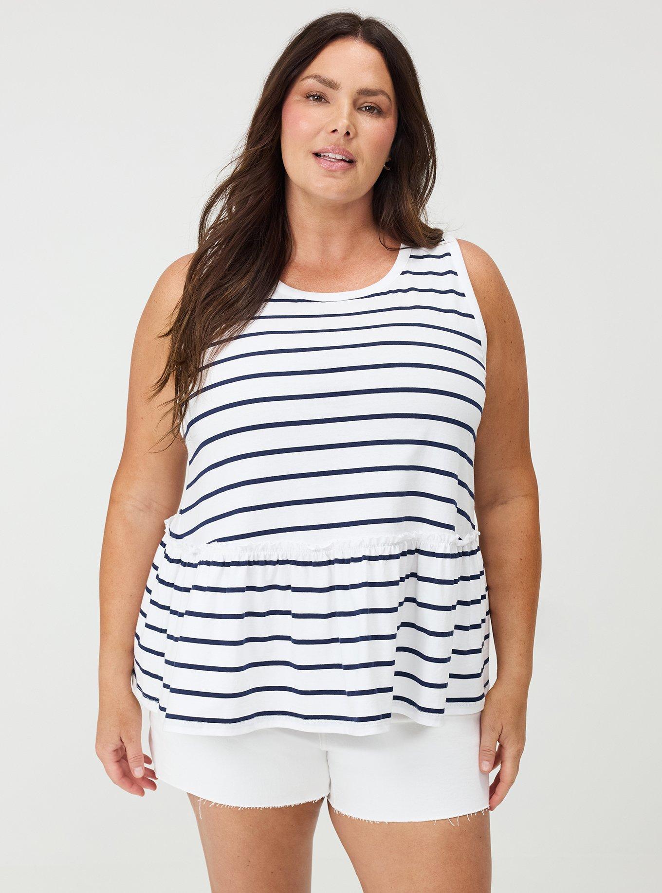 Cotton Crew Babydoll Top, PEACOAT STRIPE, hi-res