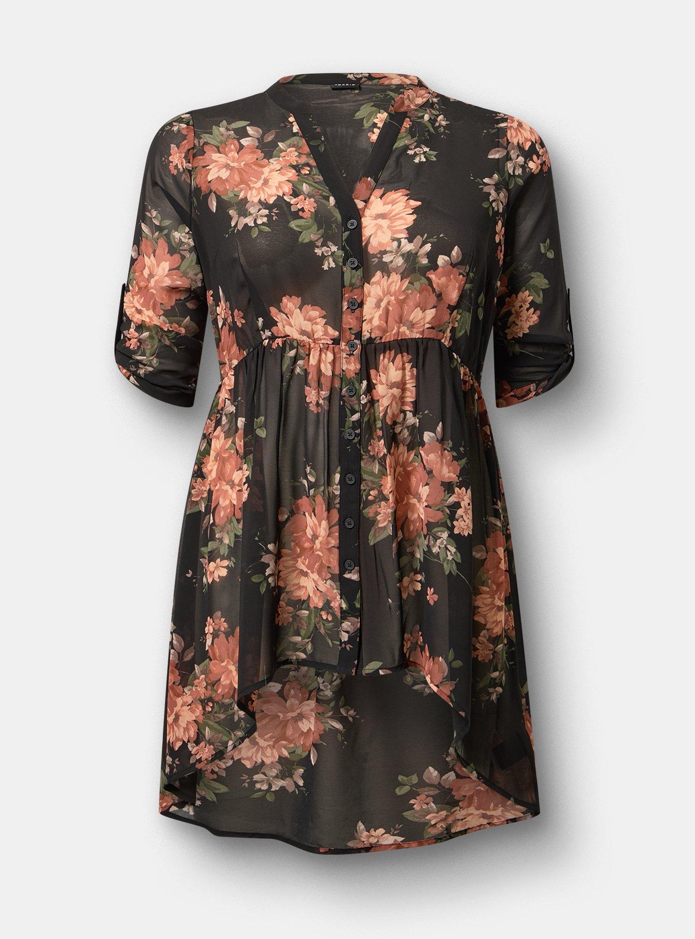 Lexie Hi-Low Tunic Babydoll Top, CELEBRATION FLORAL BLACK, hi-res