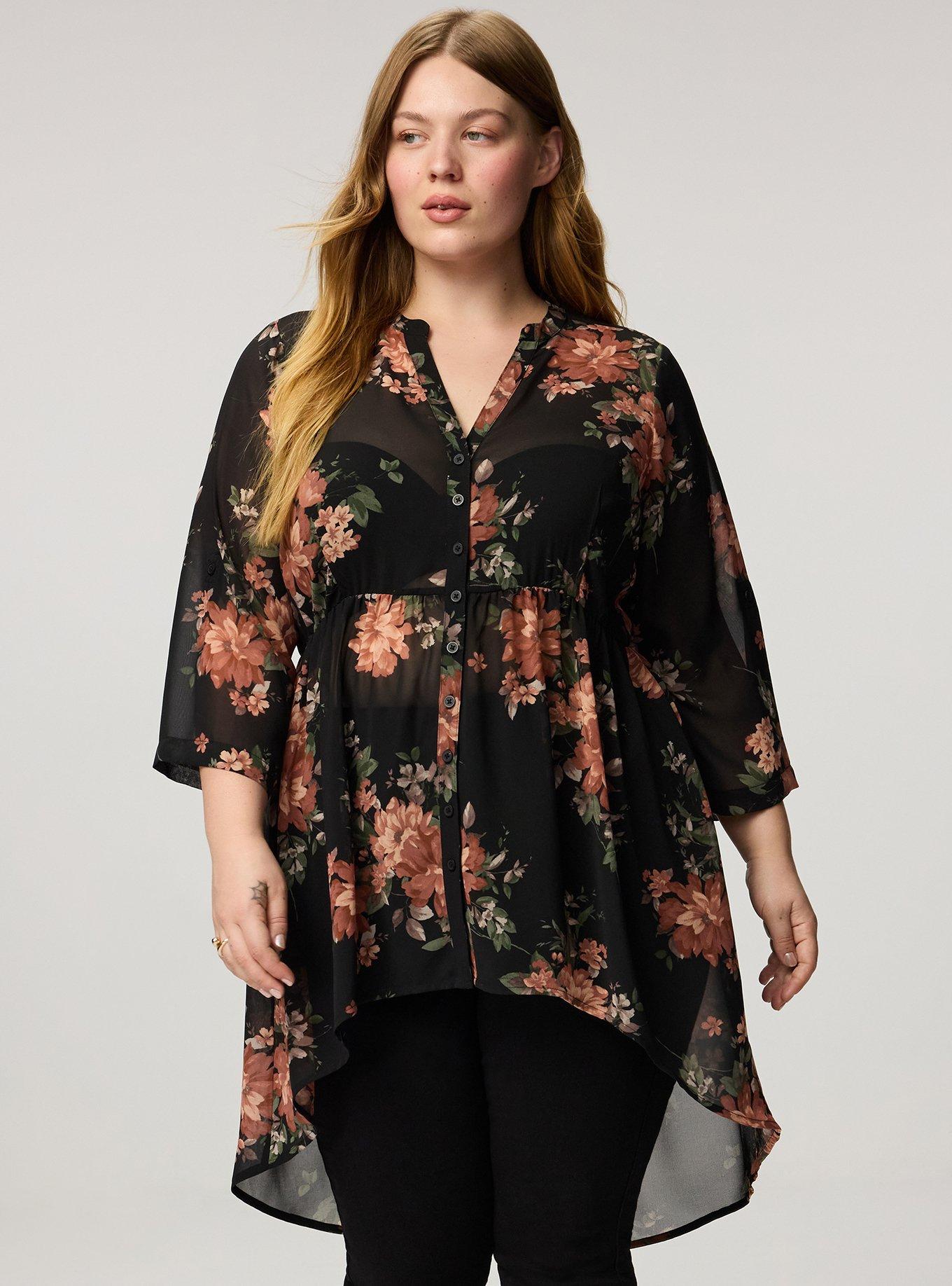 Lexie Hi-Low Tunic Babydoll Top, CELEBRATION FLORAL BLACK, hi-res