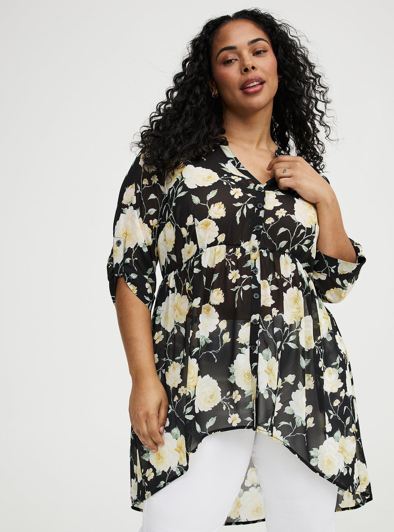 Lexie Babydoll Hi-Low Tunic Top, ROMANCE FLORAL BLACK, hi-res