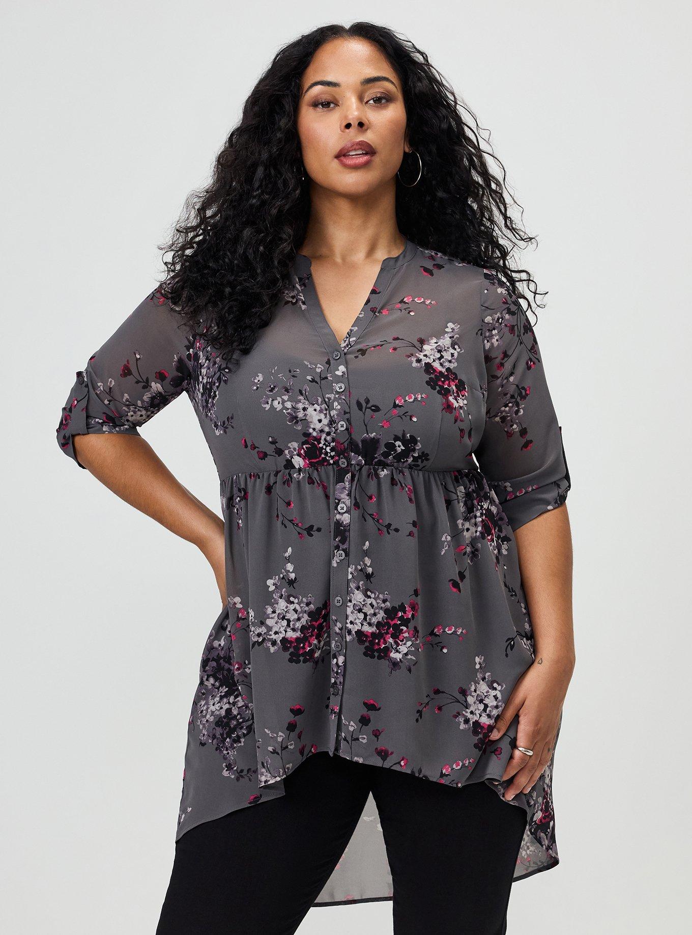 Plus Size Lexie Hi-Low Tunic Babydoll Top, UPON FLOWERS FLORAL GREY, alternate