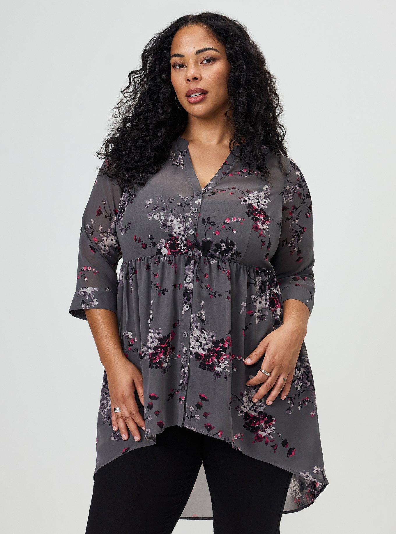 Plus Size Lexie Hi-Low Tunic Babydoll Top, UPON FLOWERS FLORAL GREY, alternate