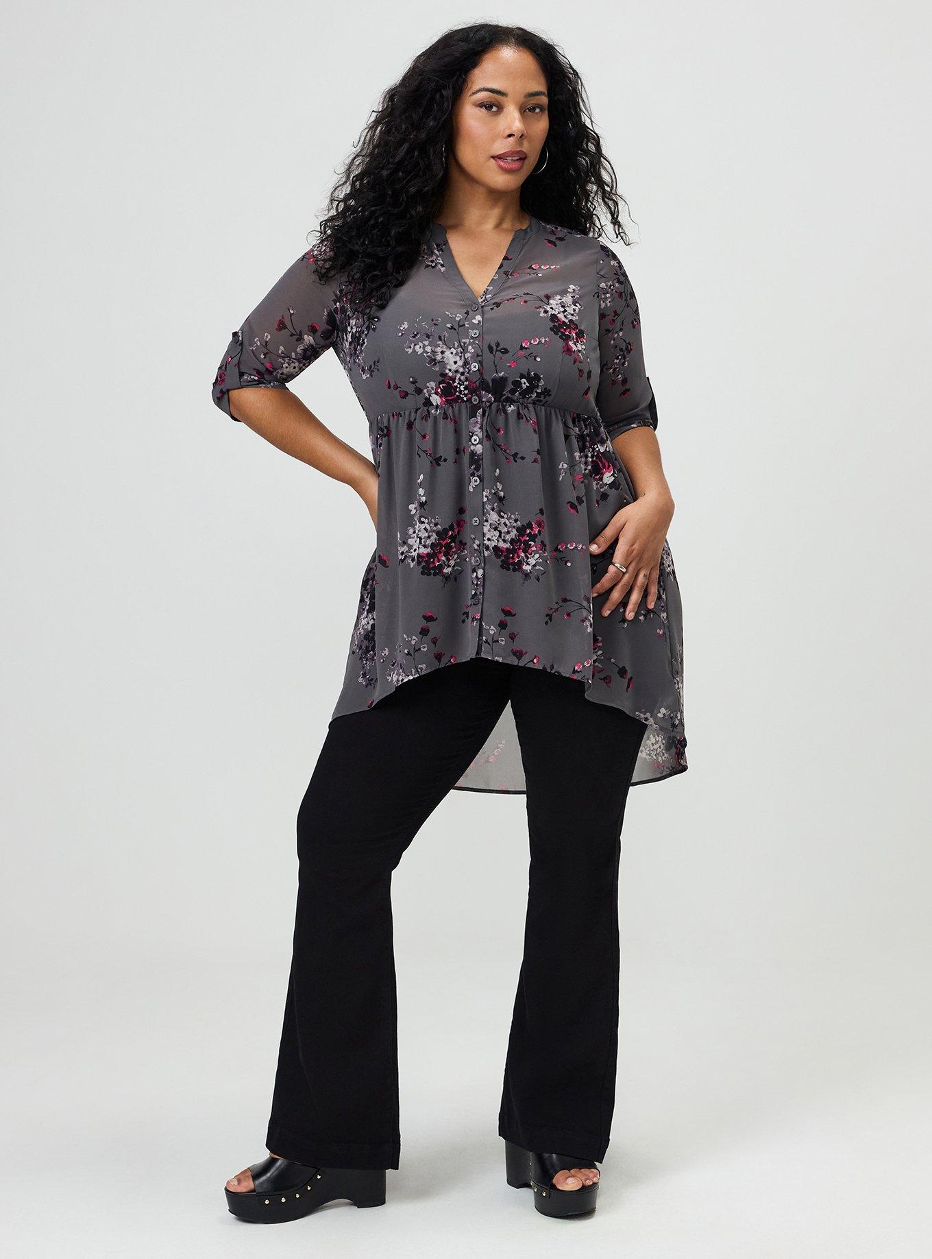 Plus Size Lexie Hi-Low Tunic Babydoll Top, UPON FLOWERS FLORAL GREY, hi-res
