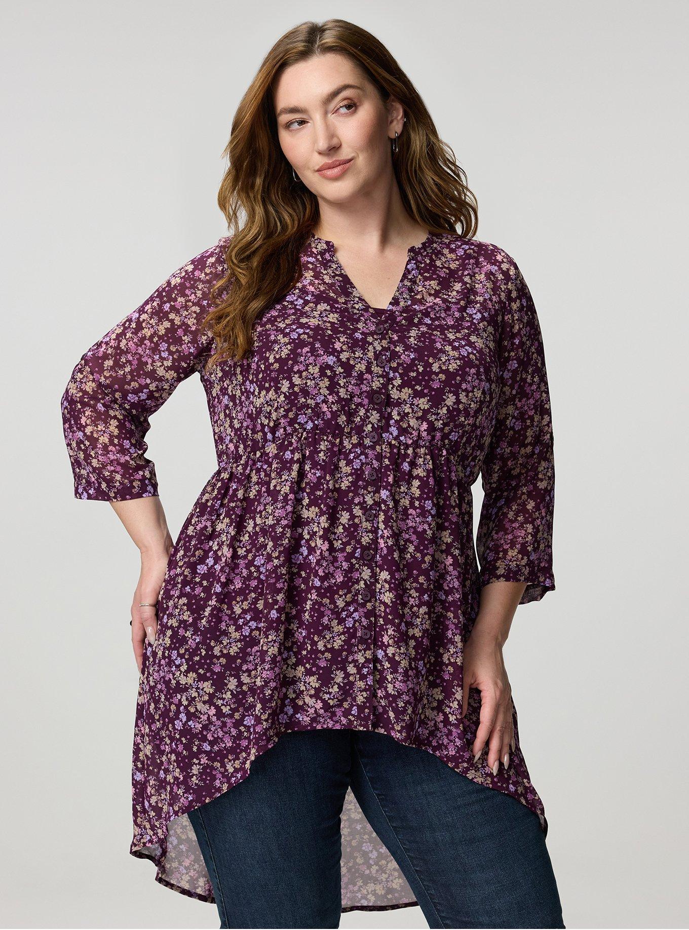 Lexie Hi-Low Tunic Babydoll Top, MAEVE DITSY FLORAL PLUM, hi-res