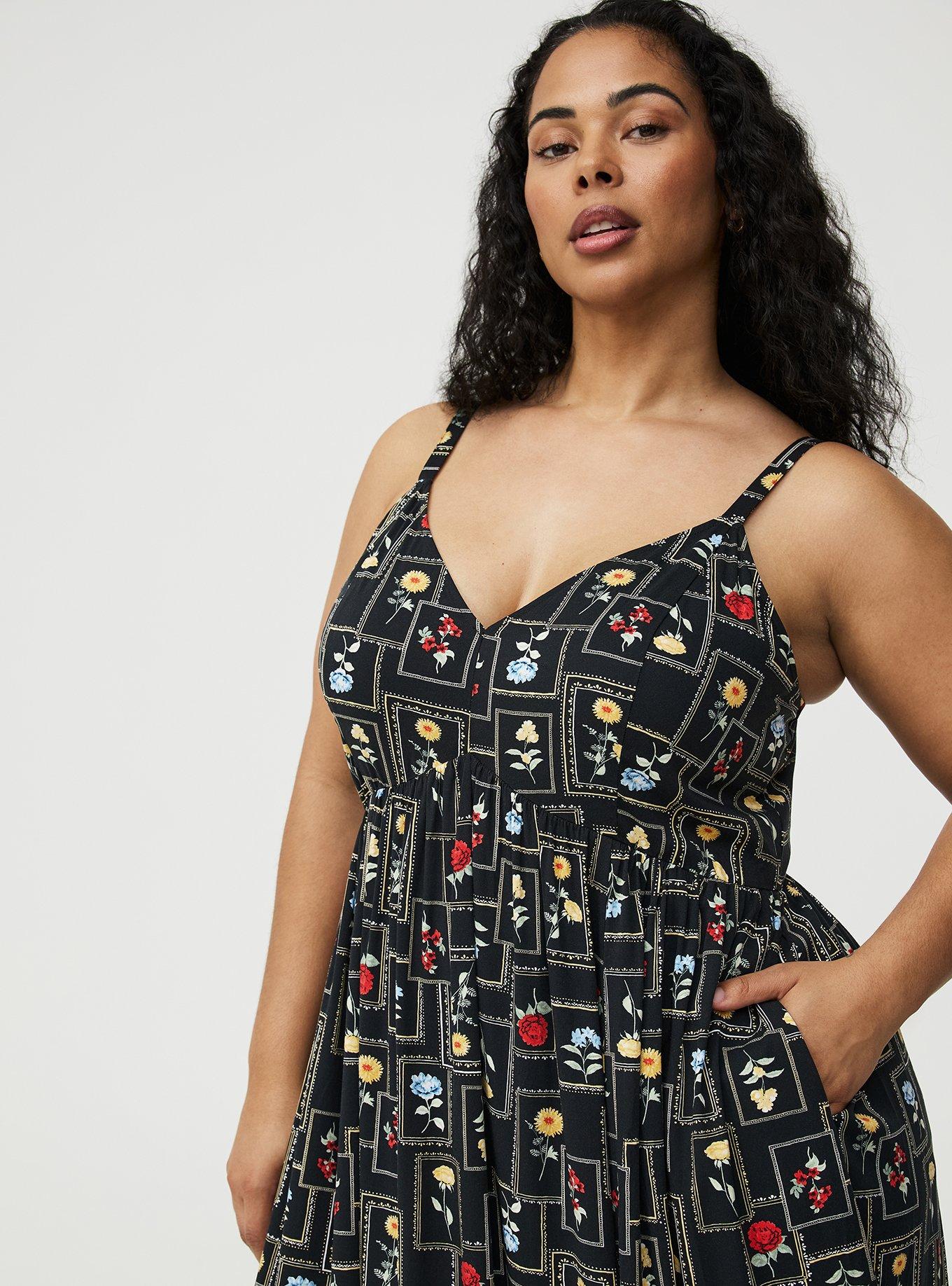 V-Neck Tea Length Dress, FRAMED BOTANICS BLACK, alternate